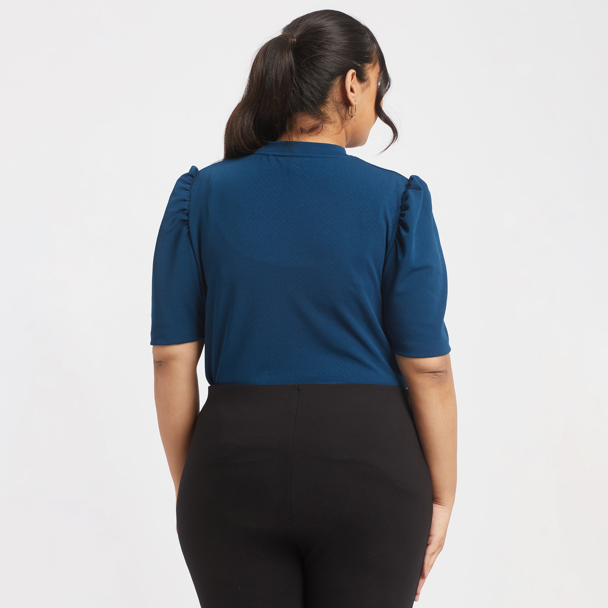 Blue textured knit puff sleeves top