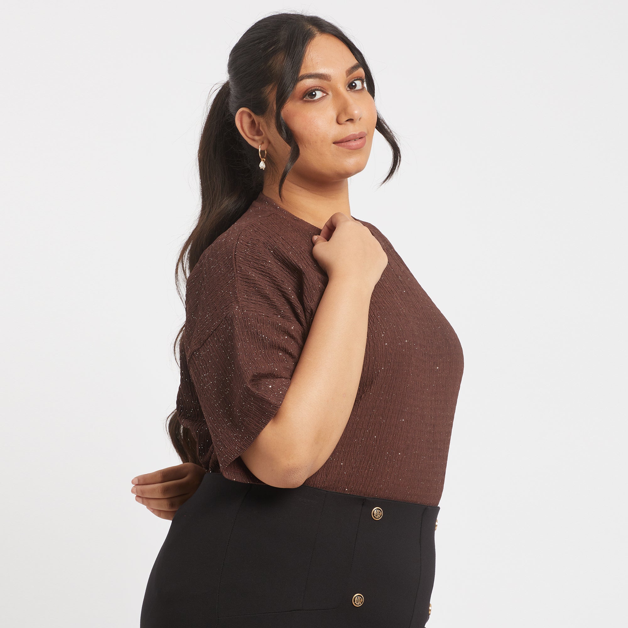 Brown glitter textured knit top