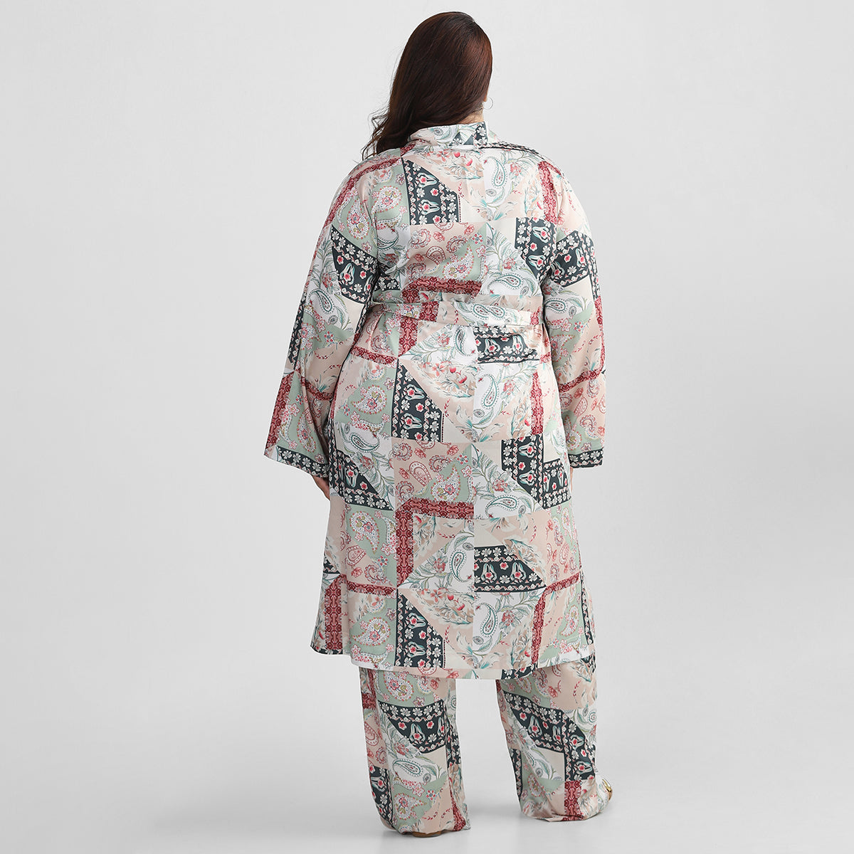 Green Tile Print Satin Robe Set