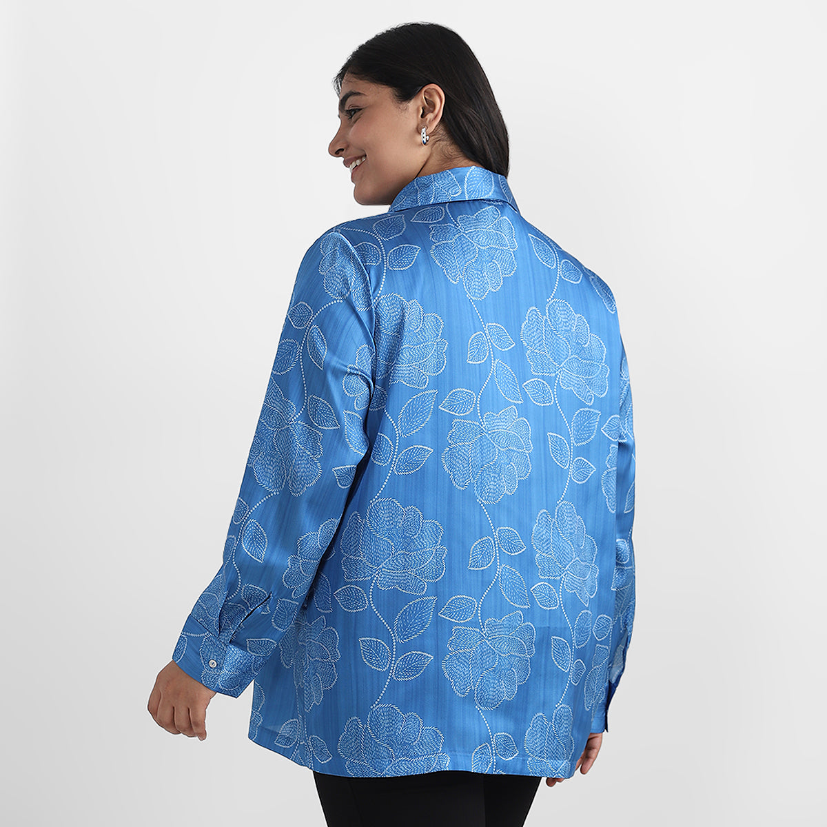 Blue Satin Print Basic Shirt