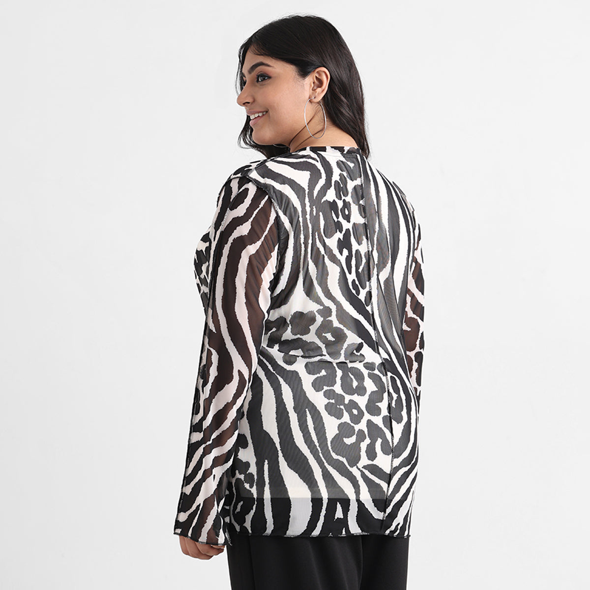 Monochrome animal print overlock detail mesh top