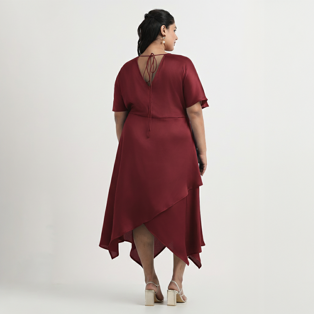 Maroon V- Neck Satin Plus Size Dress