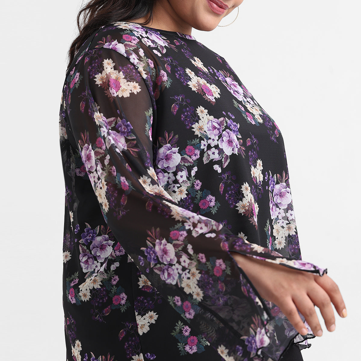 Black Floral Print Boat Neck Mesh Top