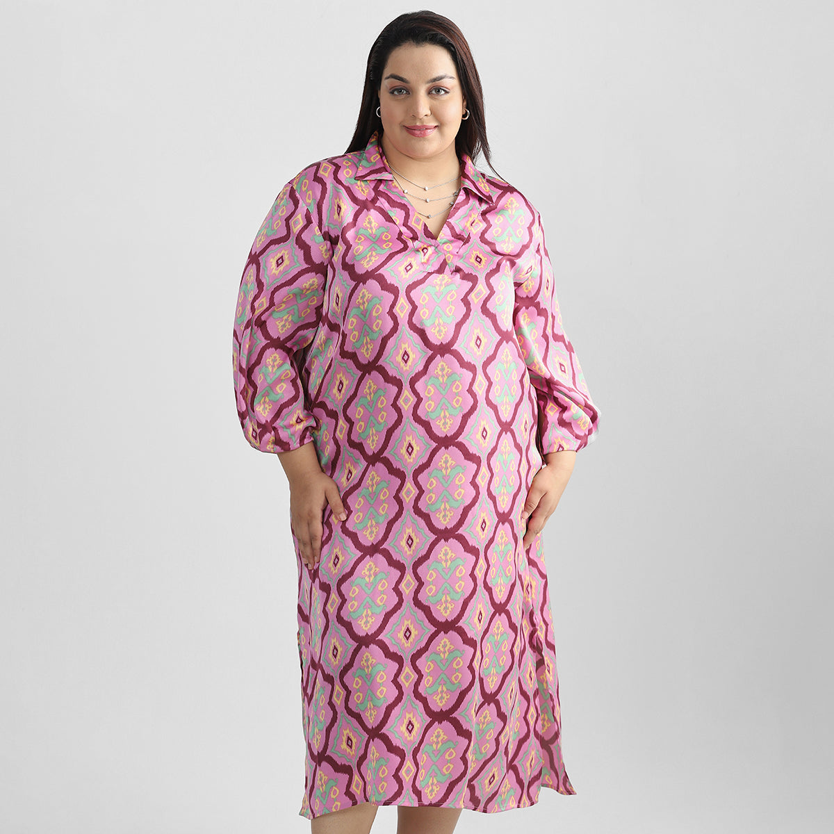 Plus Size Patterned Pink Kaftan Dress