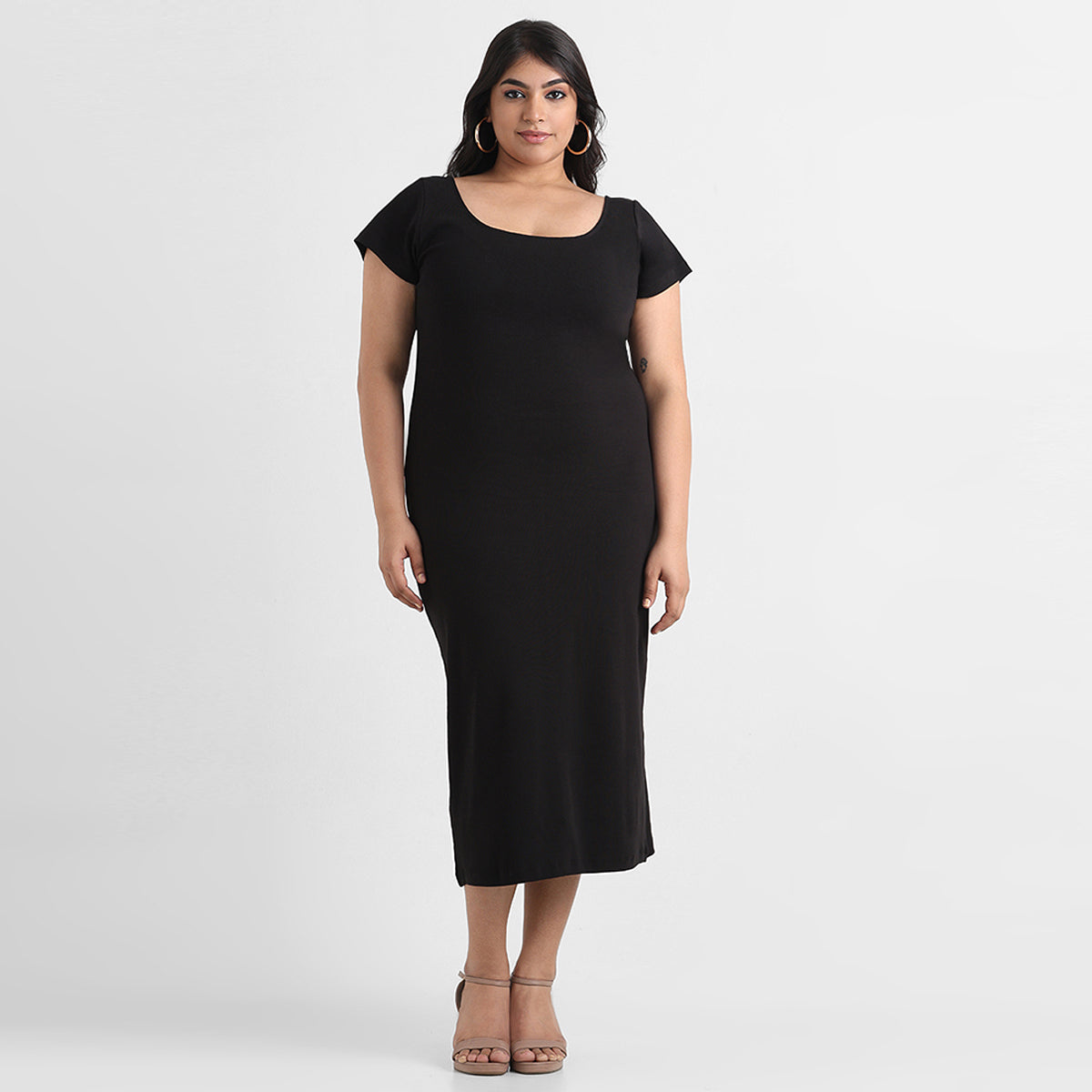 Black cotton rib cap sleeves bodycon midi dress
