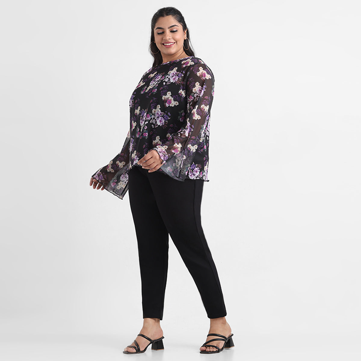 Black Floral Print Boat Neck Mesh Top
