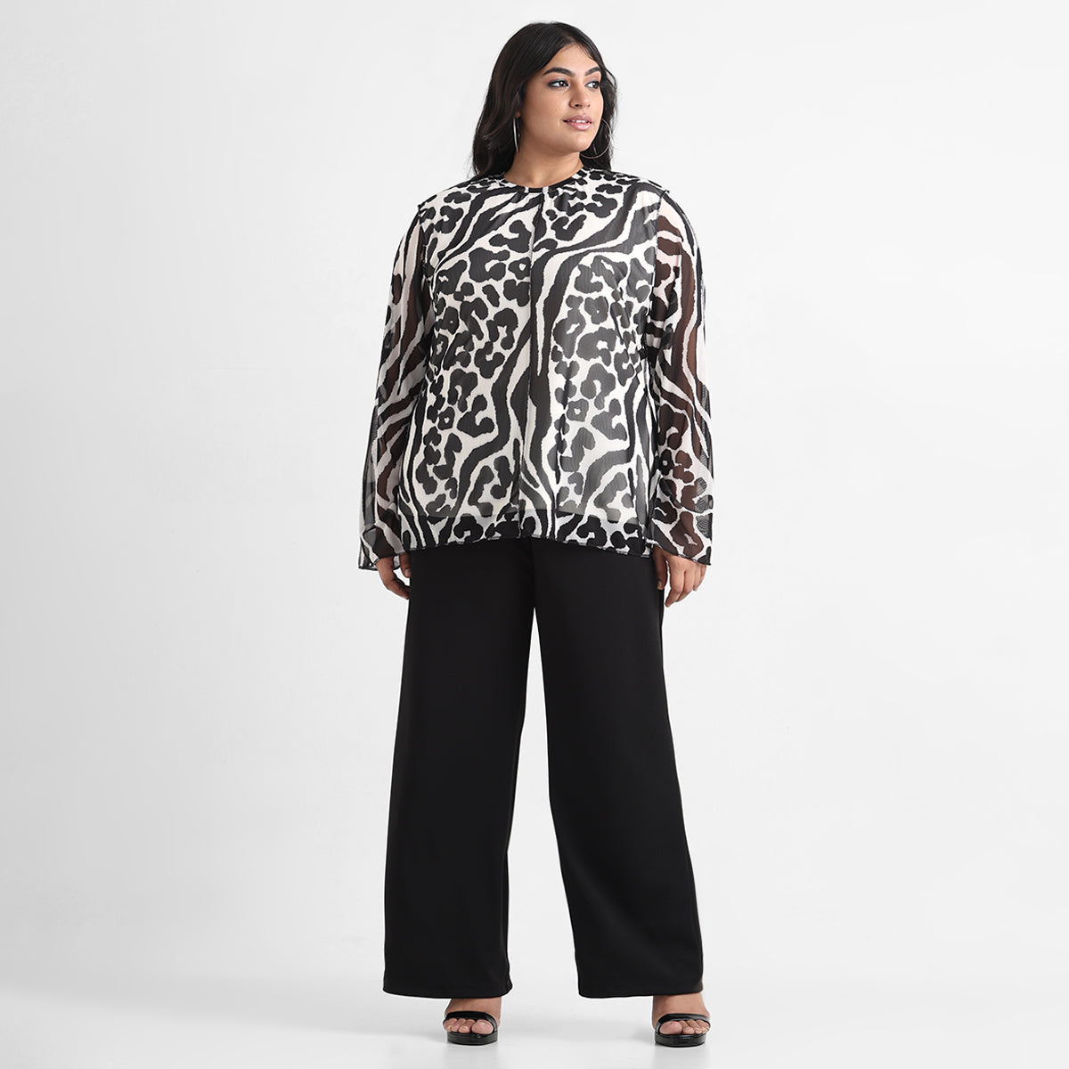 Monochrome animal print overlock detail mesh top