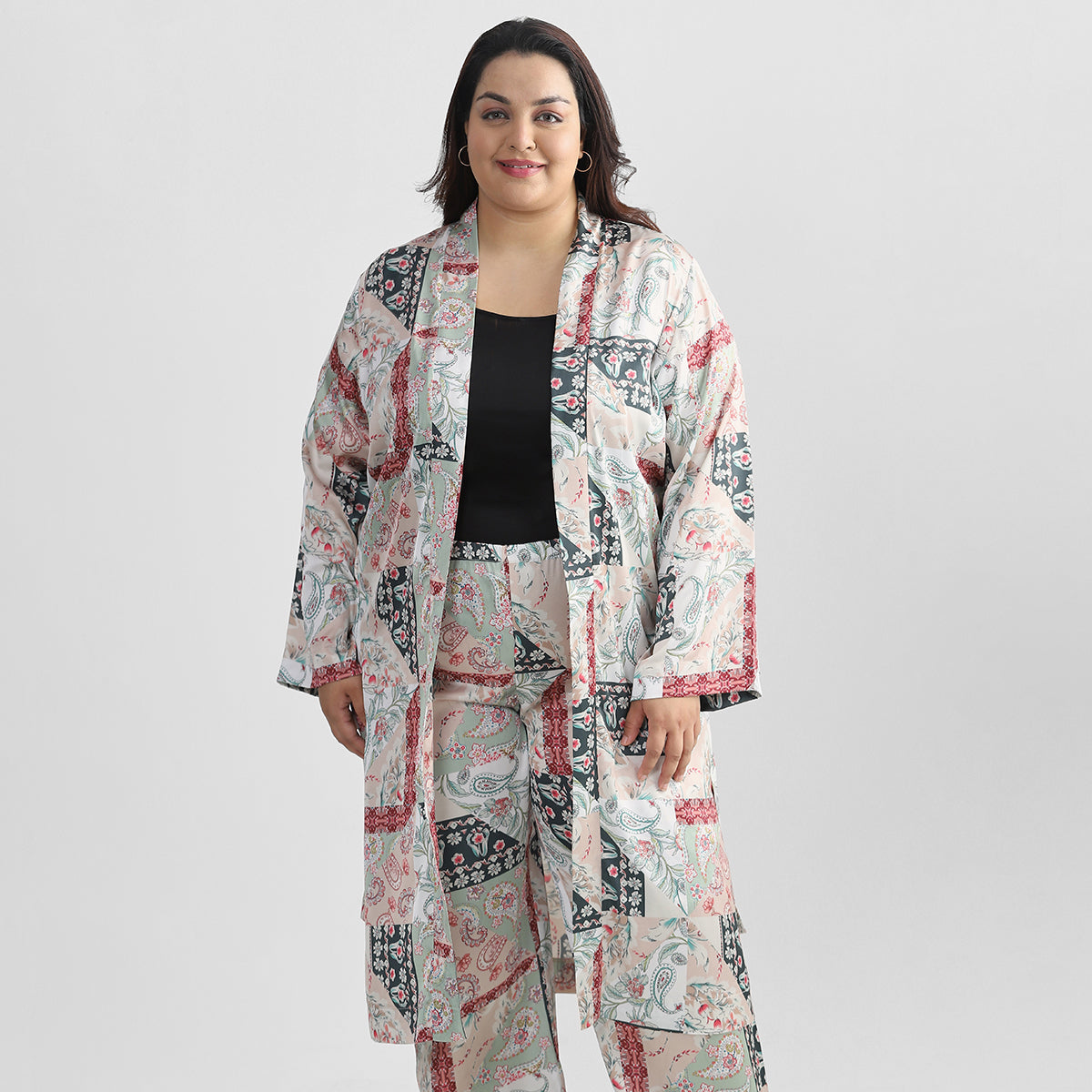 Green Tile Print Satin Robe Set