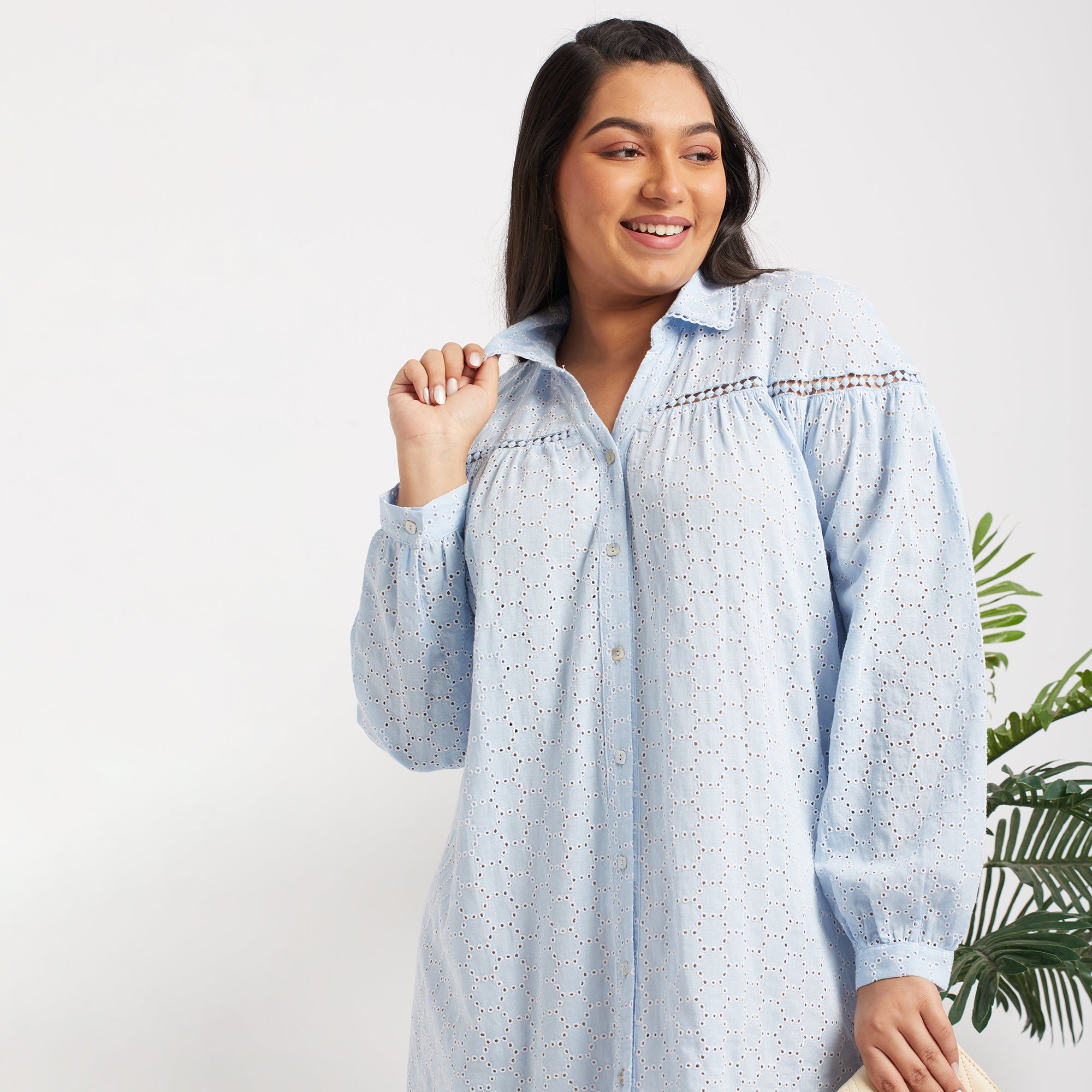Blue Viscose Schiffli Tunic