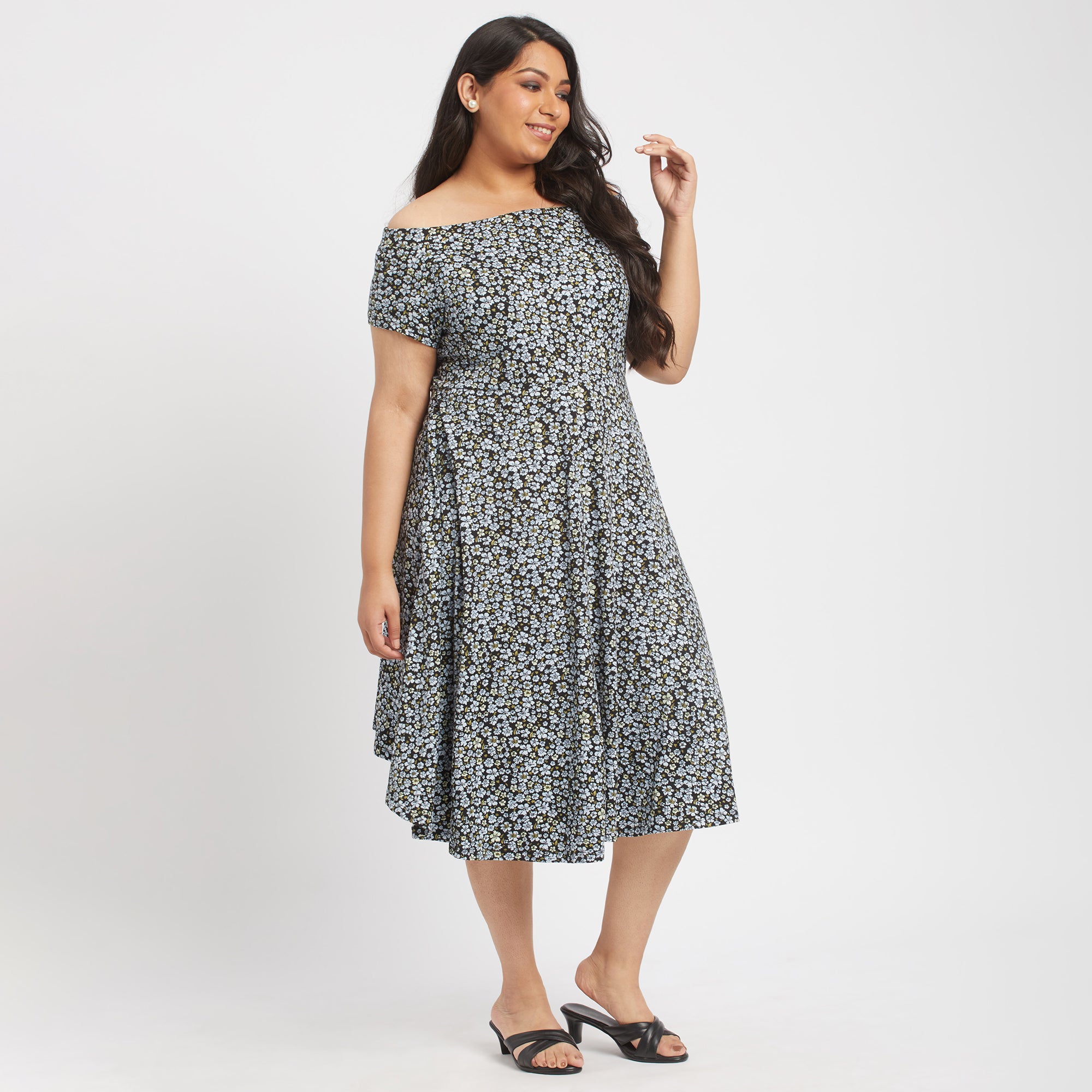 Blue Ditsy Floral Square Off-Shoulder Cotton Dress