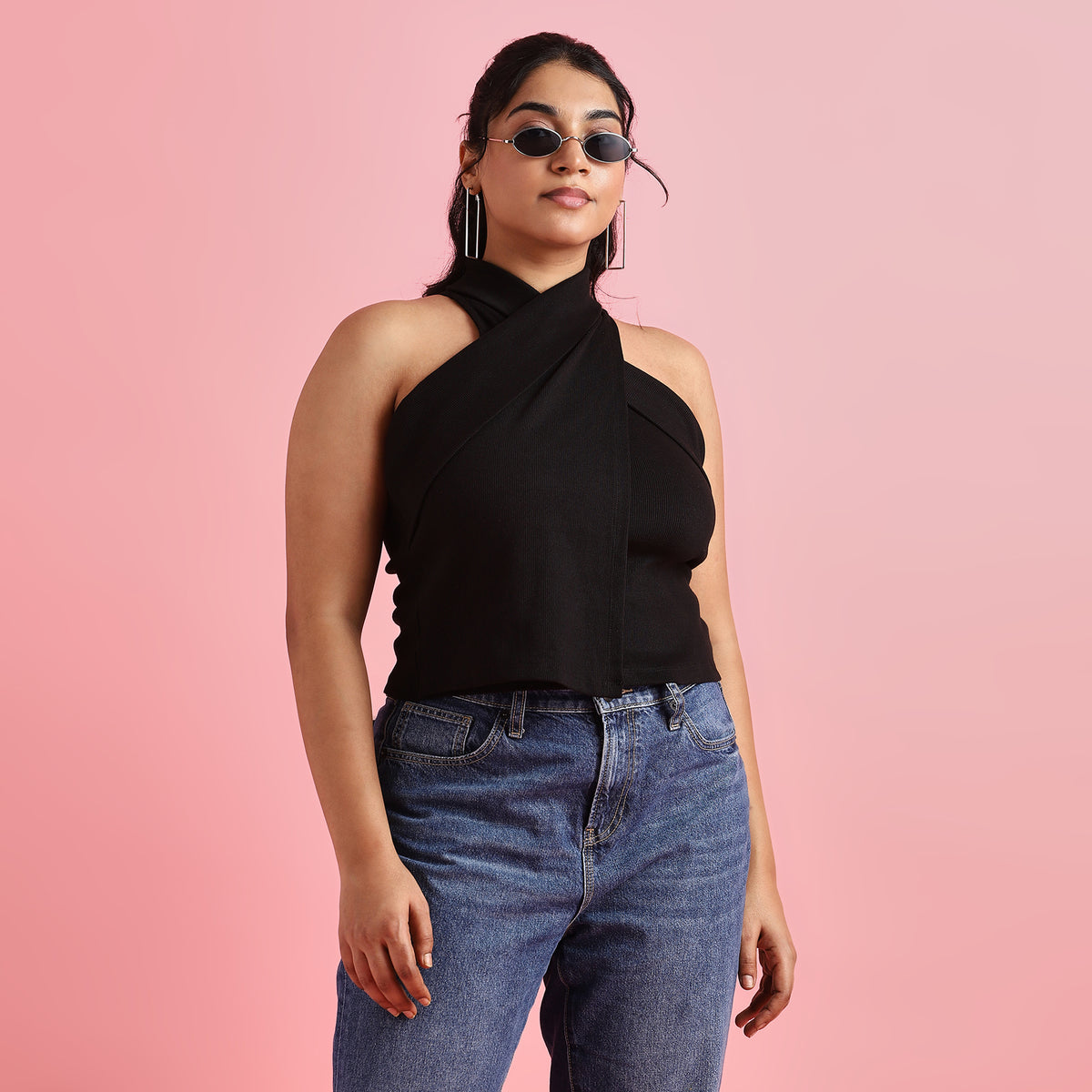 Crisscross Rib PluPlus-Size Crisscross Ribbed Halter Neck Fabric Top by CALAE Sizes Available L to 5XLs Size Halter Neck Top