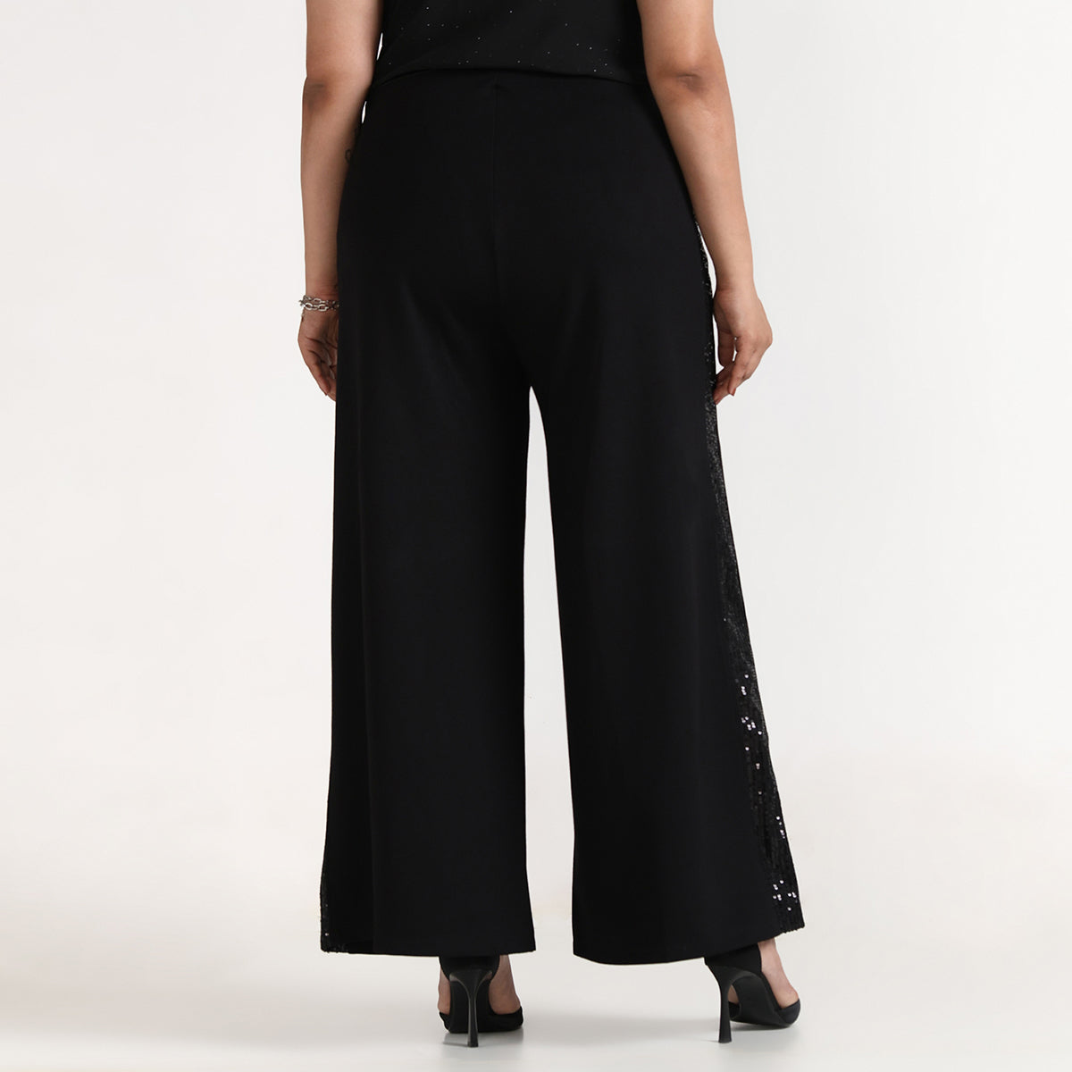 Black 4-Way Stretch Wide Leg Pants with Sequined Side Panel
