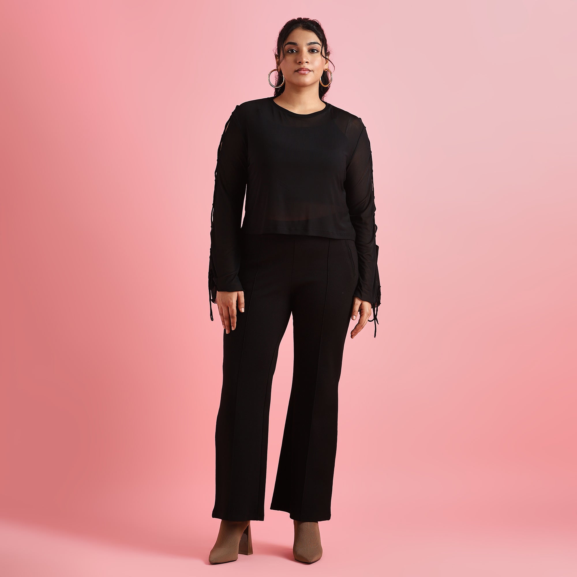 Black Crisscross Sleeves Mesh Top