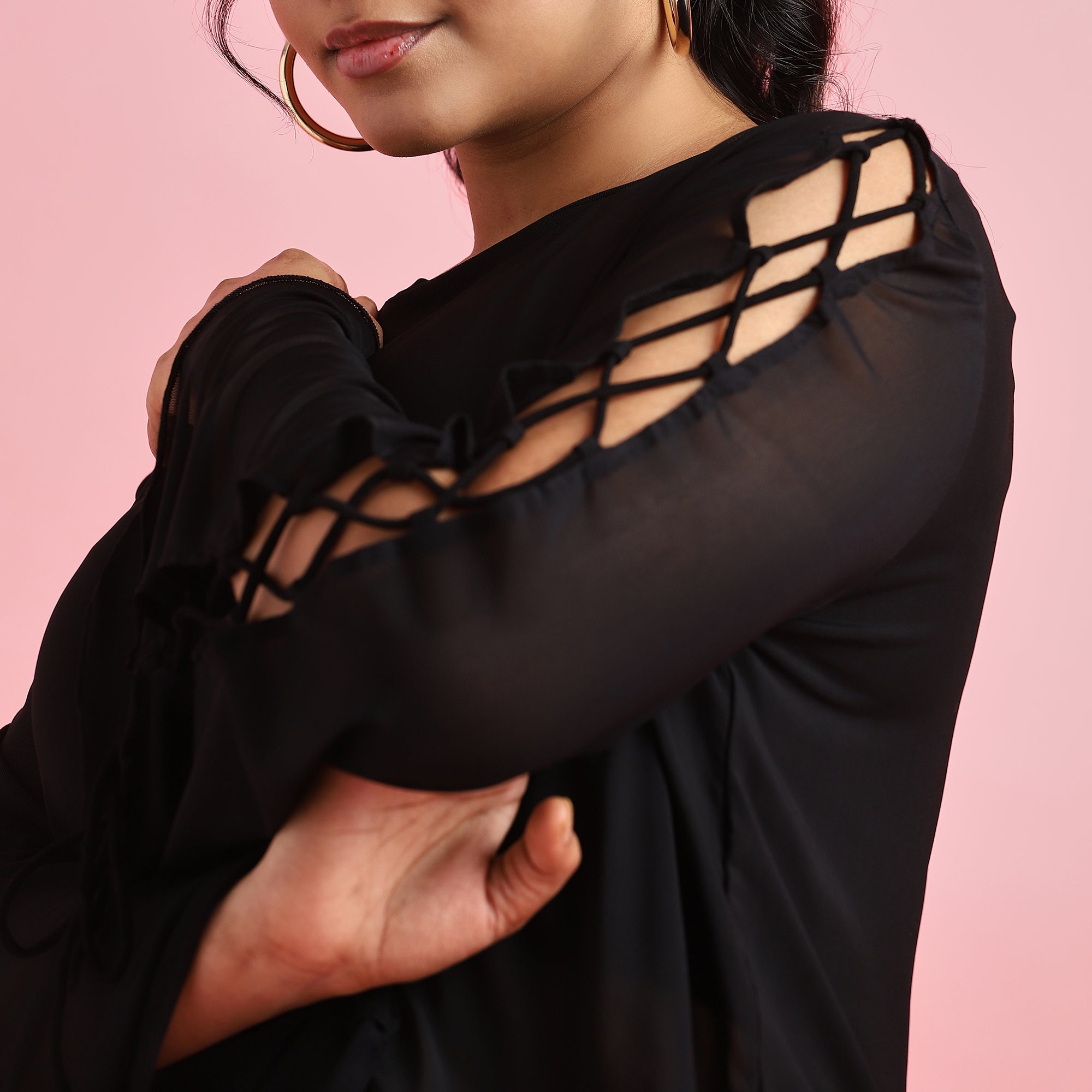 Black Crisscross Sleeves Mesh Top