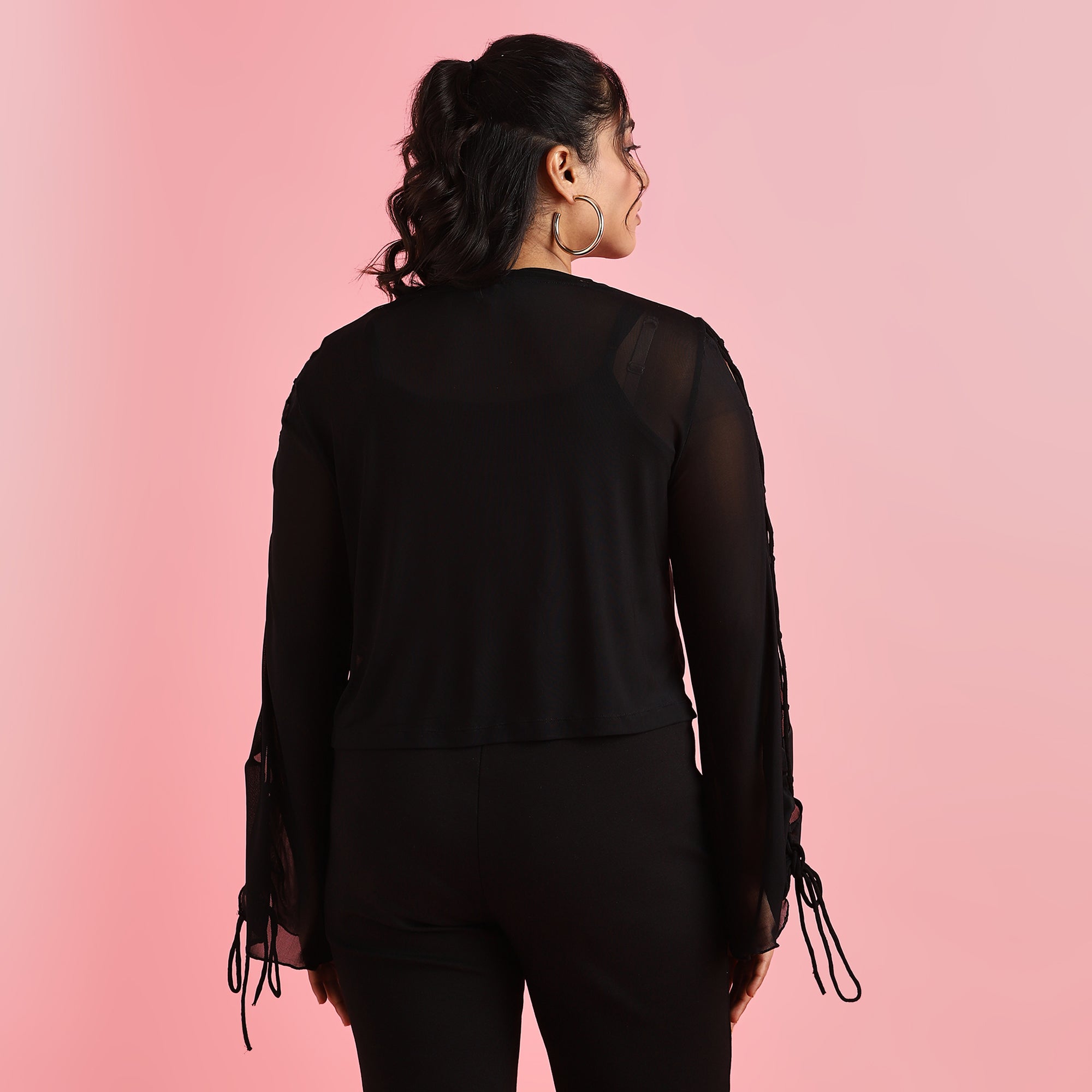 Black Crisscross Sleeves Mesh Top