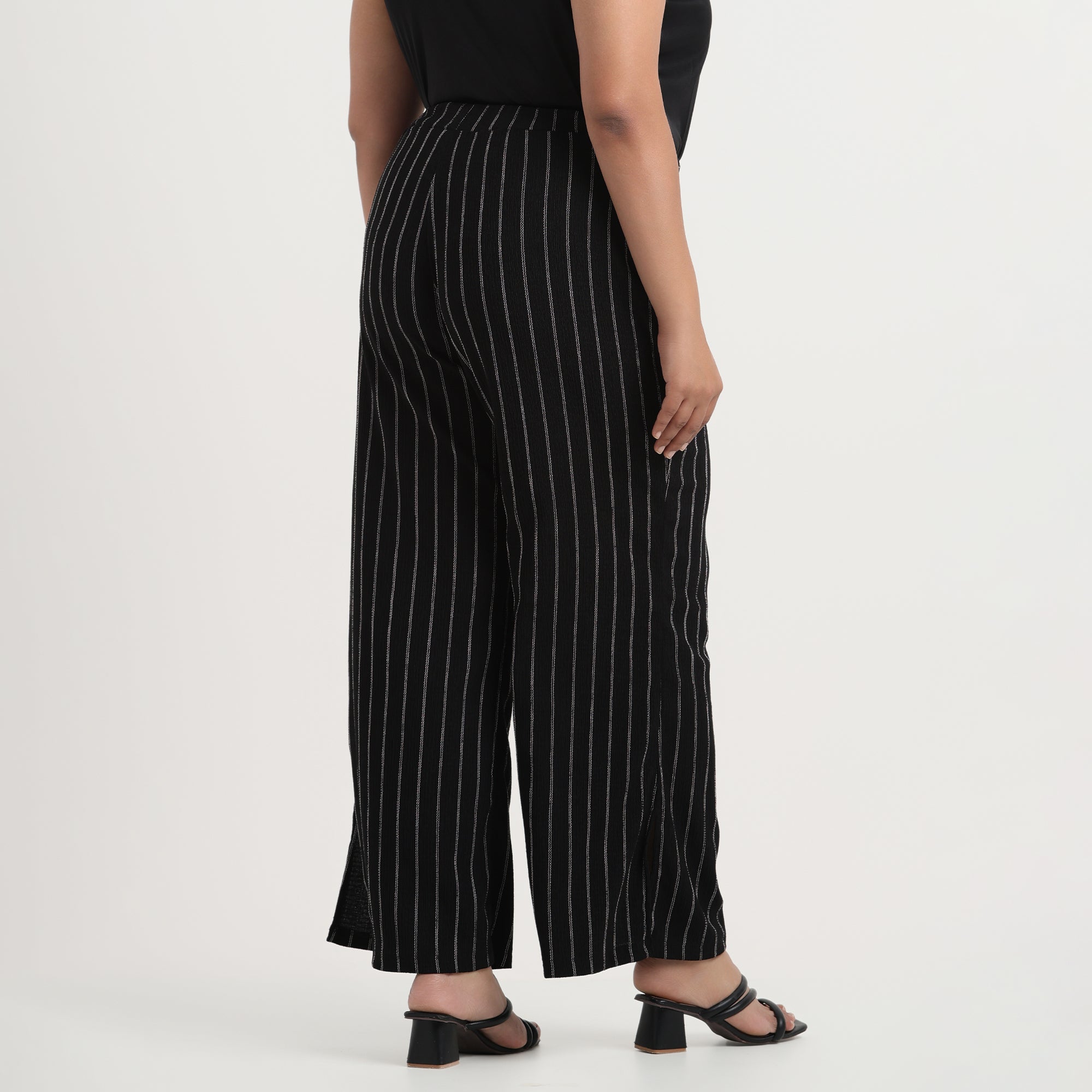 Black and White Striped Textured Knit Flared Pants
