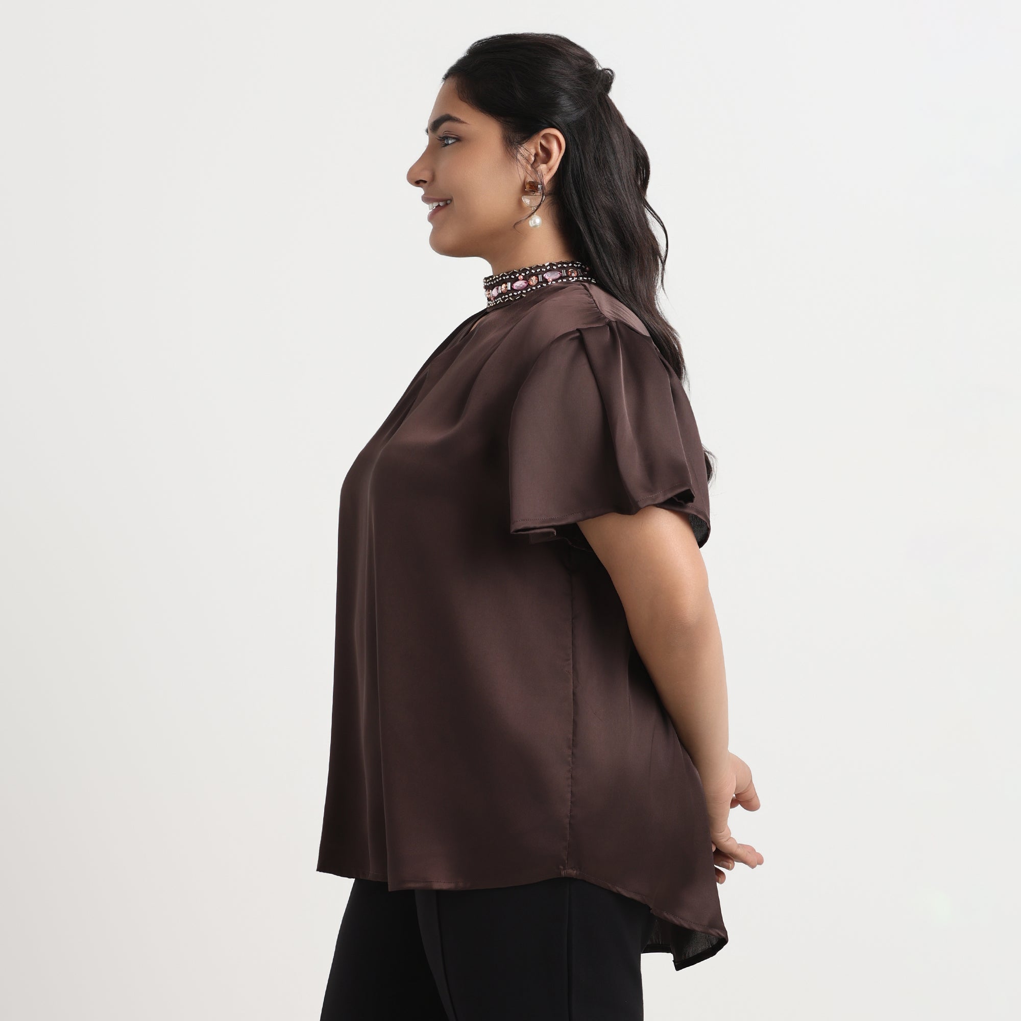 Brown velvet satin top, plus-size, with a luxurious finish