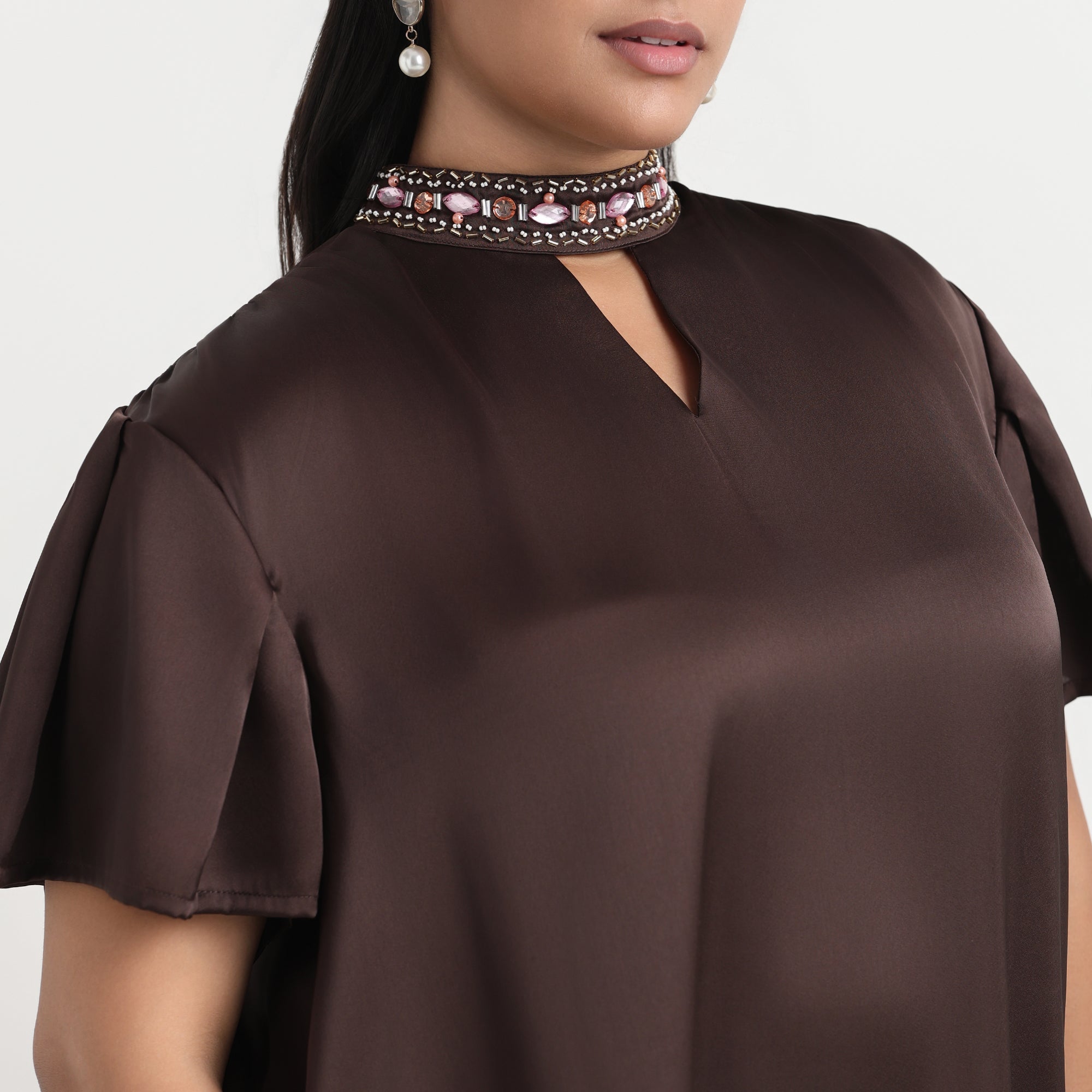 Rich brown velvet satin top, elegant plus size fashion