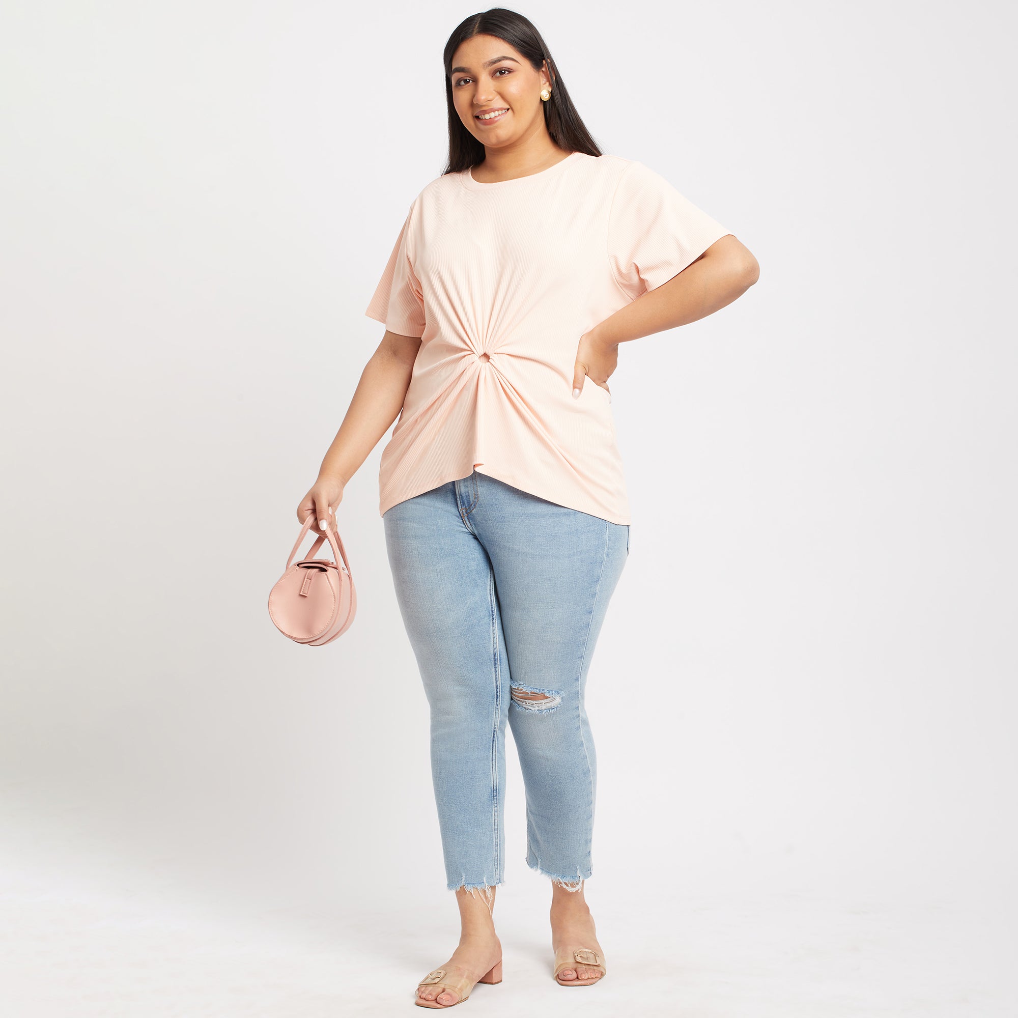 Front View of Baby Pink Rib Essential Plus Size Tshirt