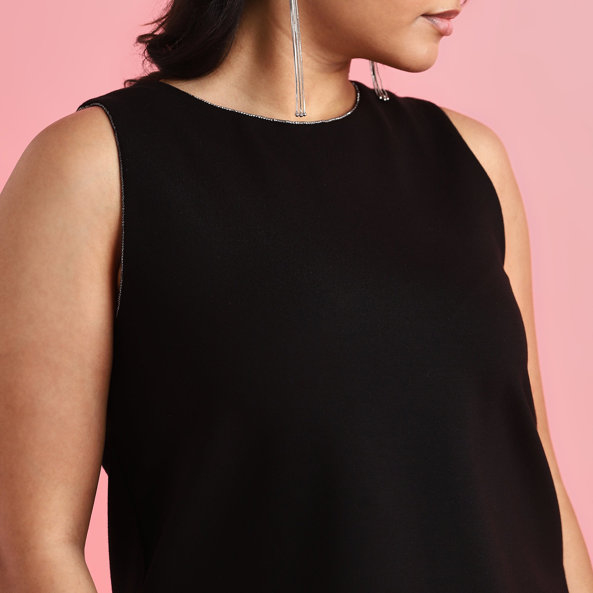 Black Rhinestone Embellished 4-Way Stretch Fabric Top