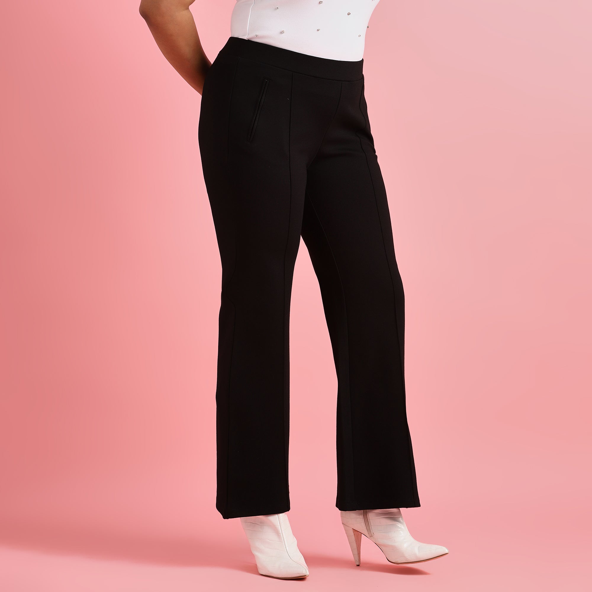 Black Fit and Flare Zipper 4-Way Stretch Fabric Pants