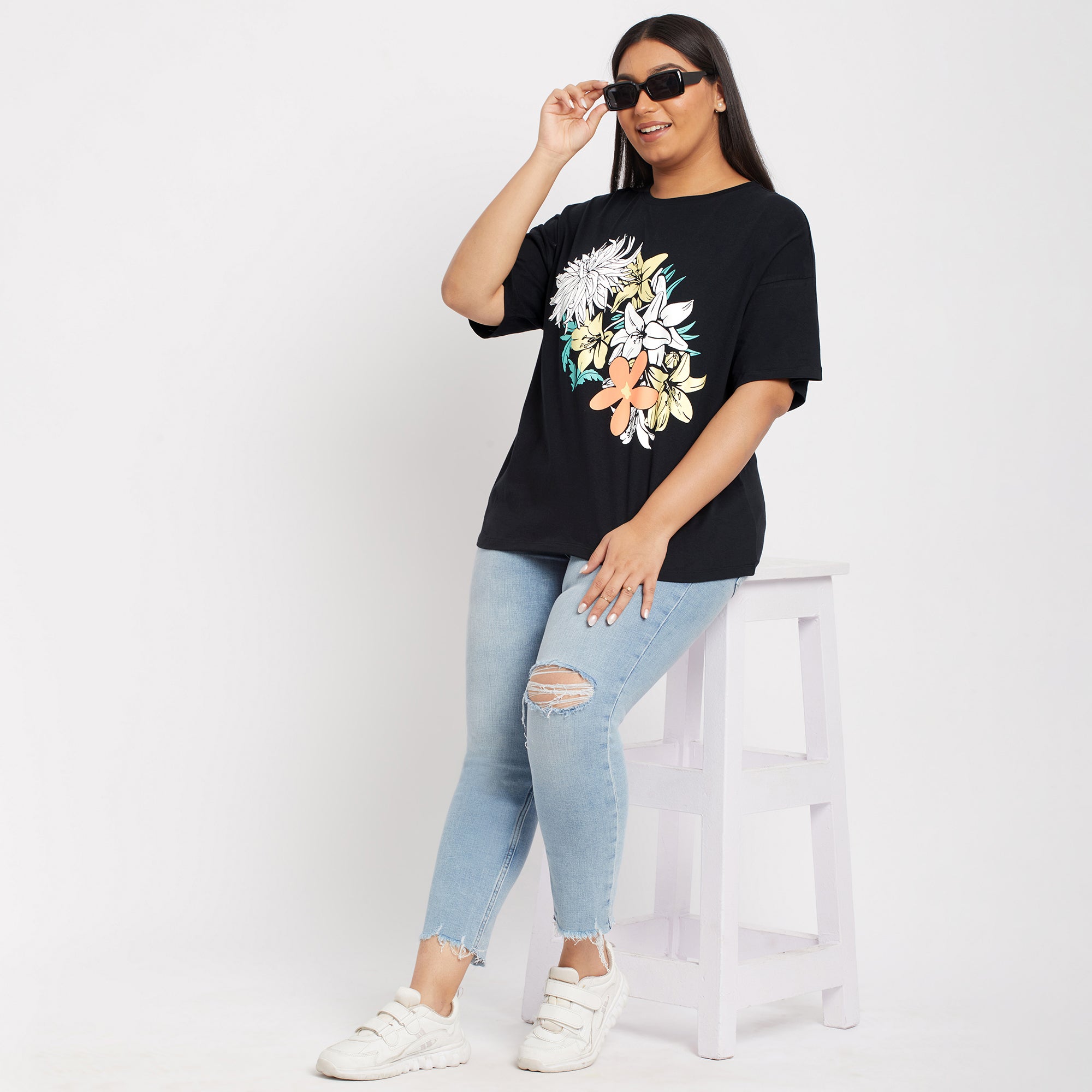 Black Abstract Floral Plus Size Chest Print Cotton Tee Front View