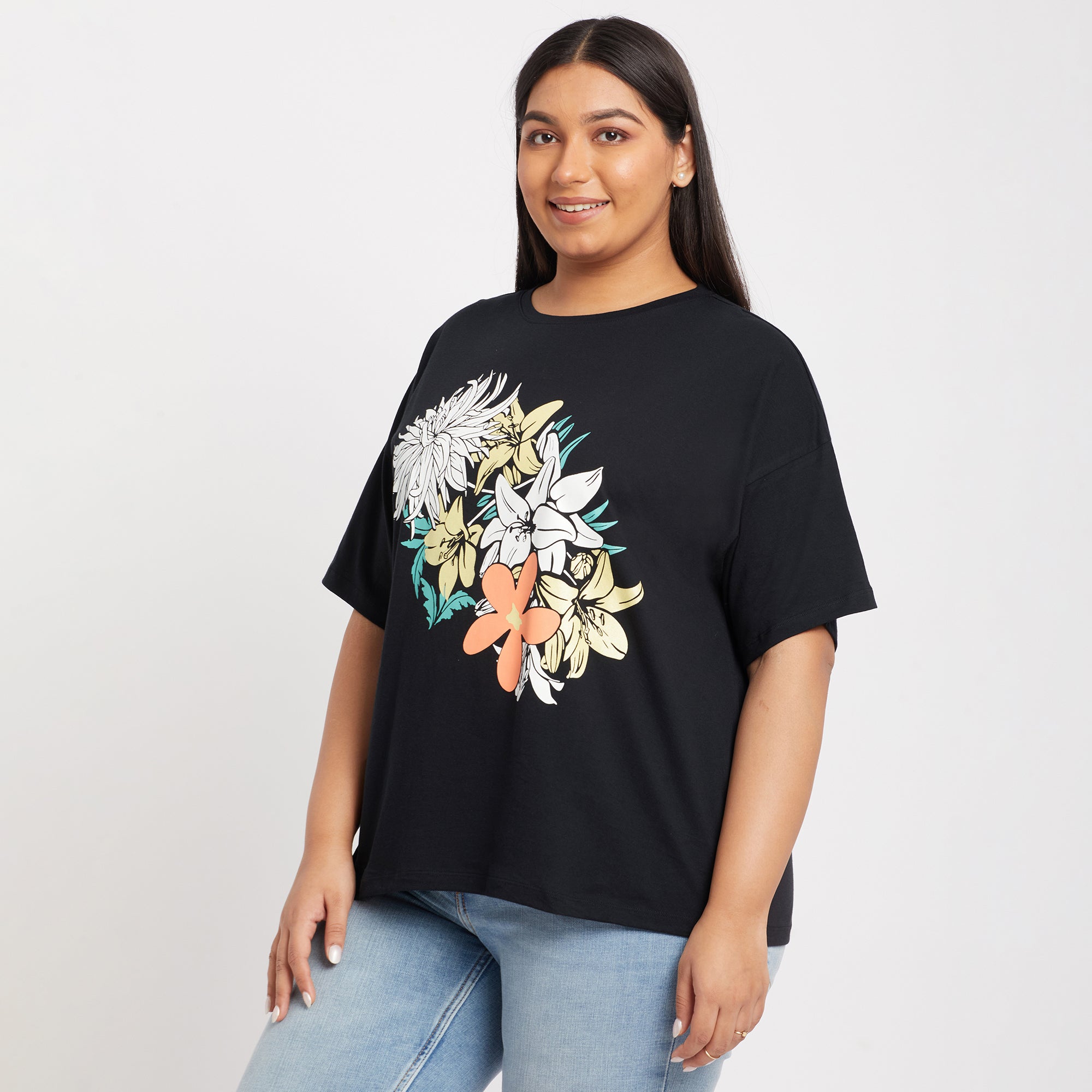 Black Abstract Floral Plus Size Chest Print Cotton Tee