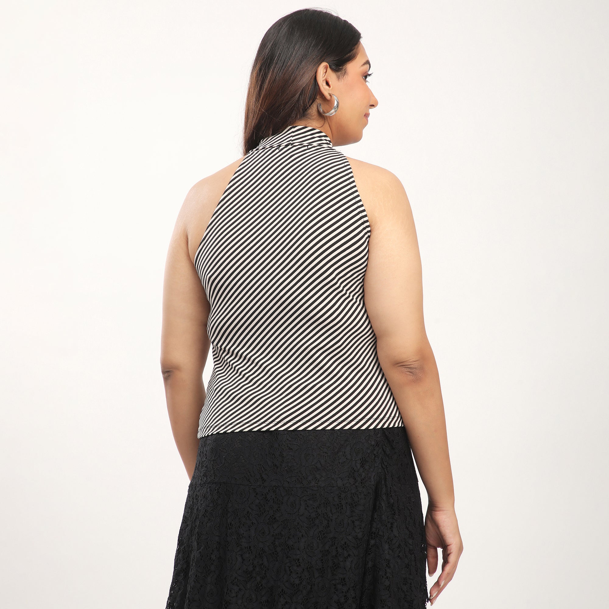 Stripe Print Polyester Blend Halter Neck Top