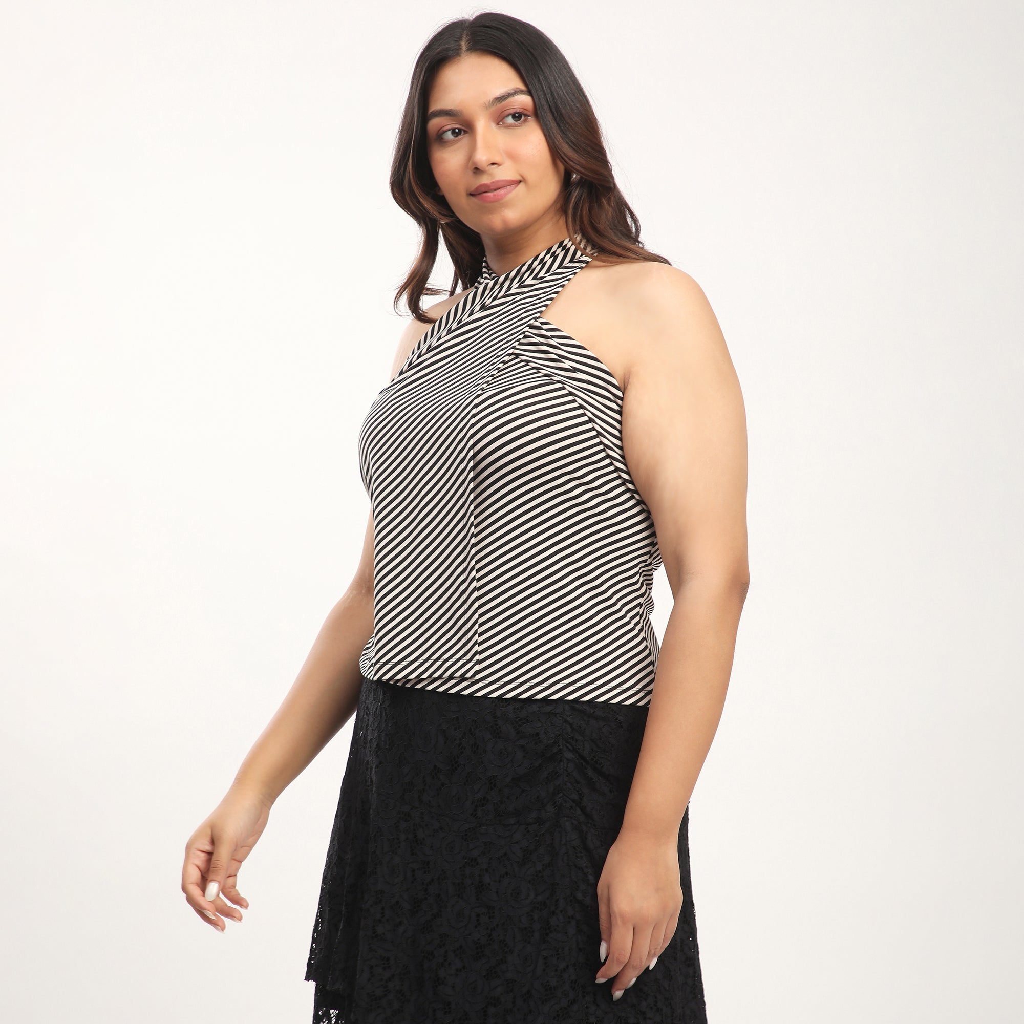 Stripe Print Polyester Blend Halter Neck Top