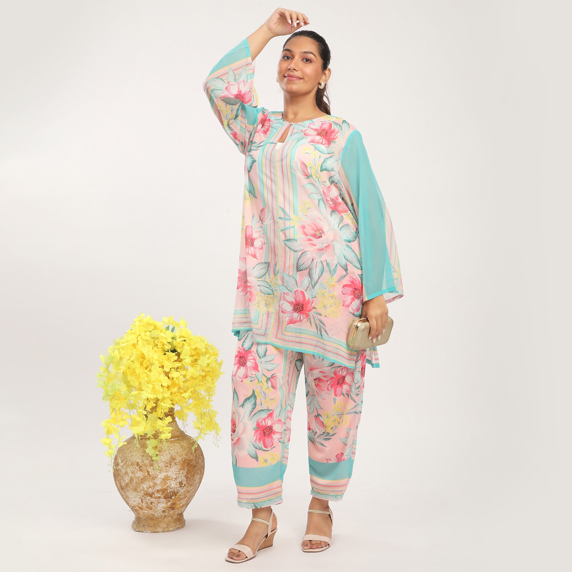 Pink Polyester Window Print Chiffon Co-ord Set