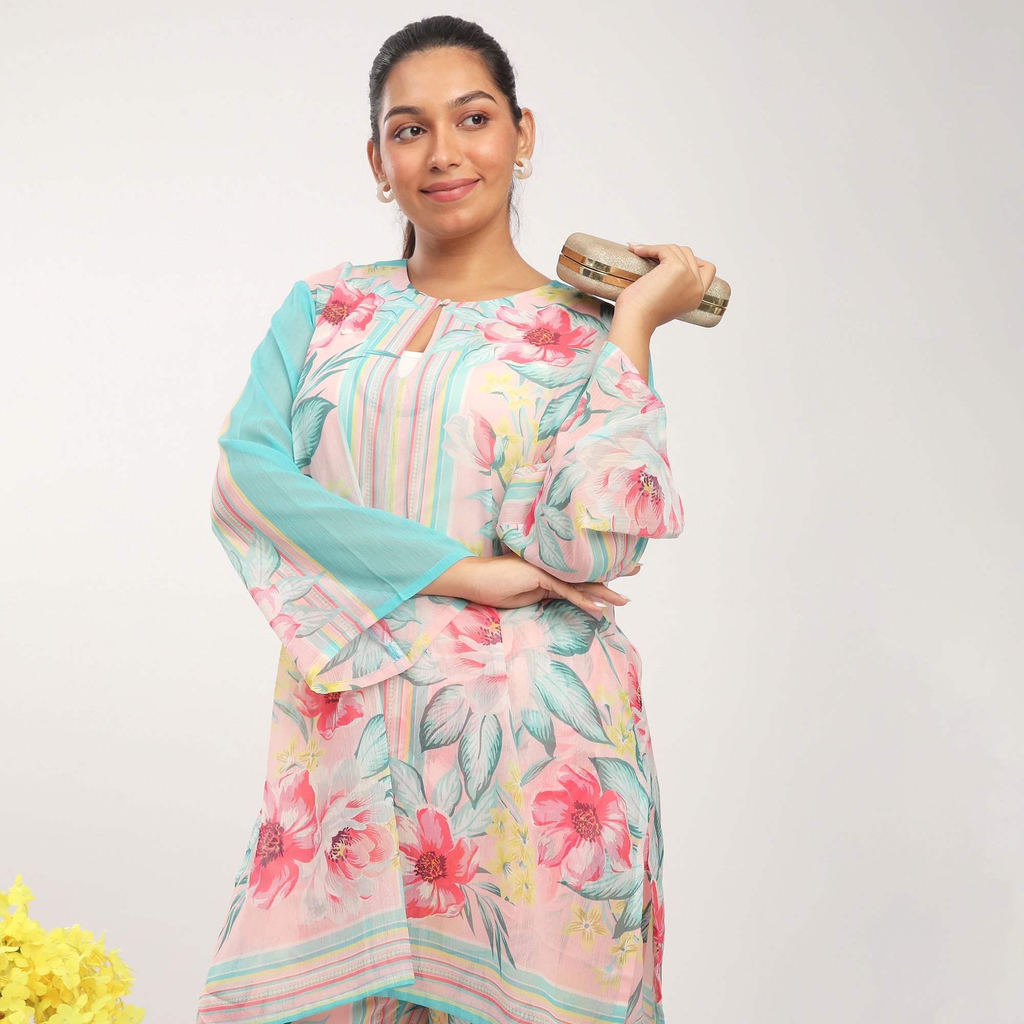 Pink Polyester Window Print Chiffon Co-ord Set