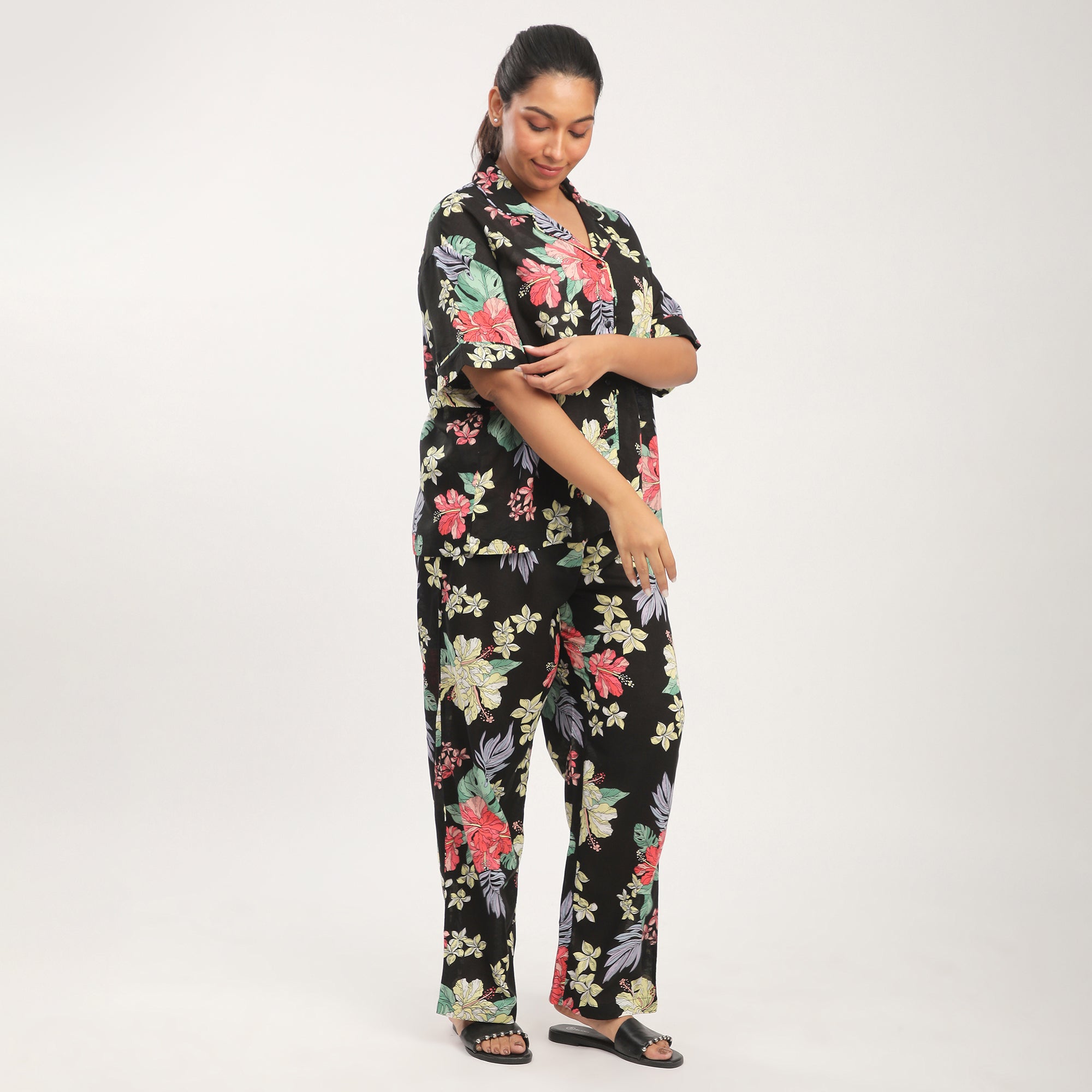 Black Linen Blend Hibiscus Print PJ Set
