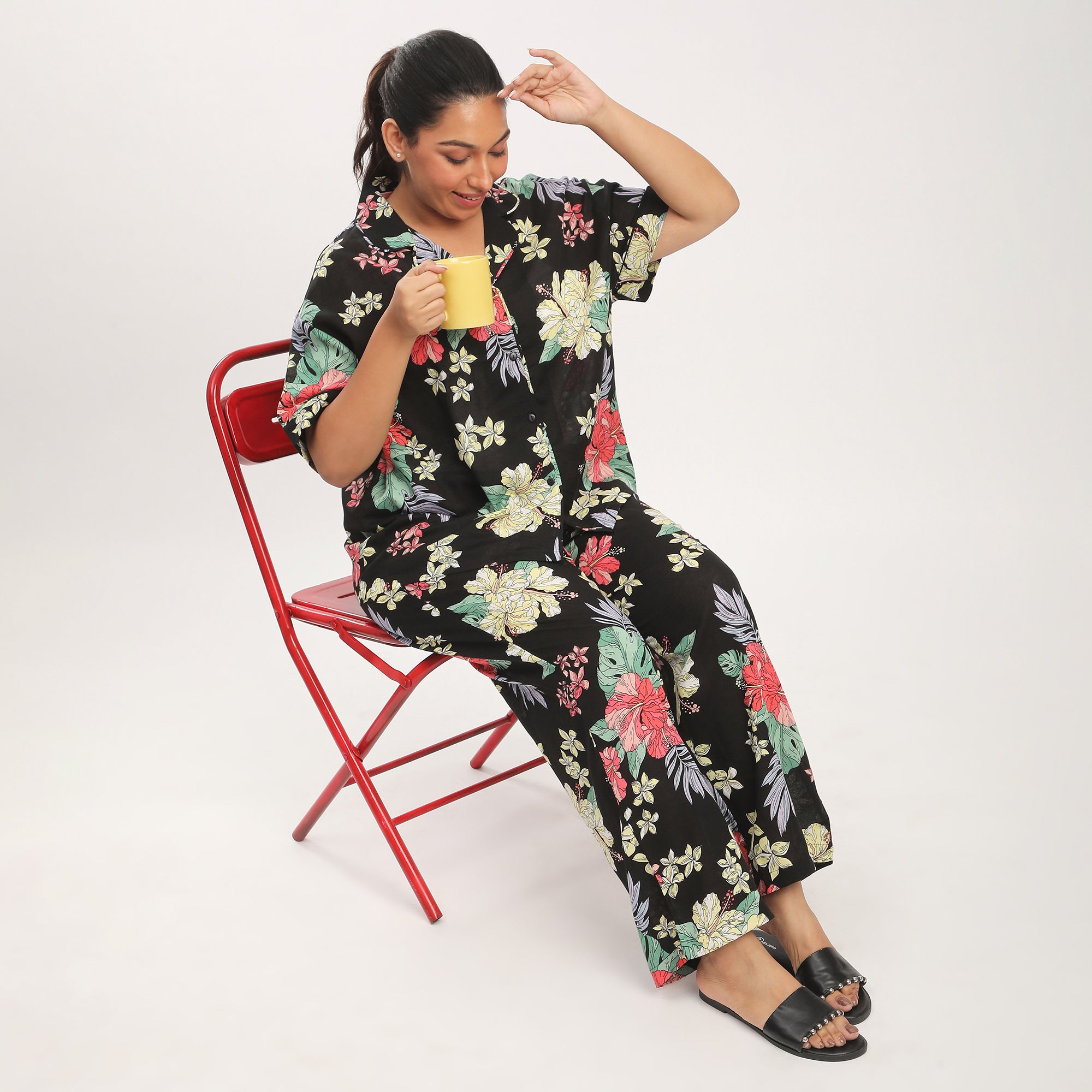 Black Linen Blend Hibiscus Print PJ Set