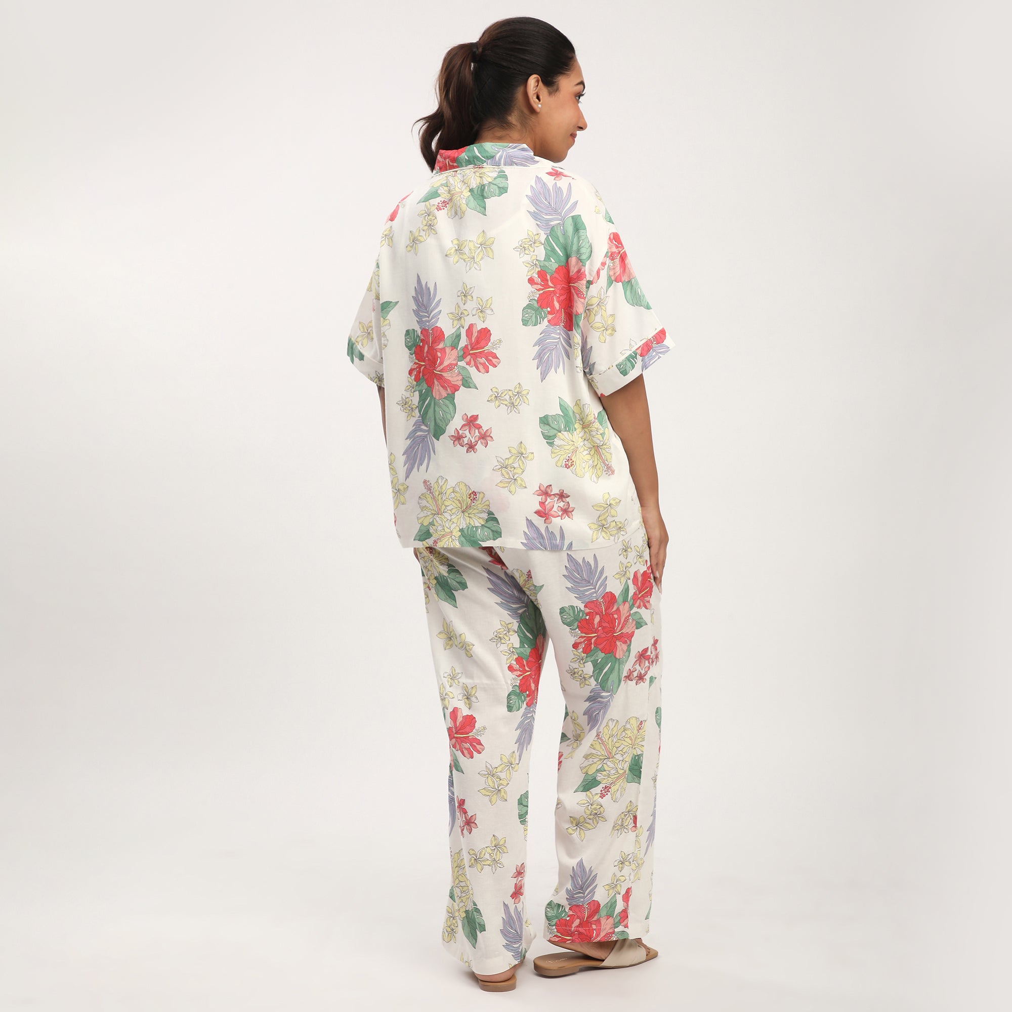 Beige Linen Blend Hibiscus Print PJ Set