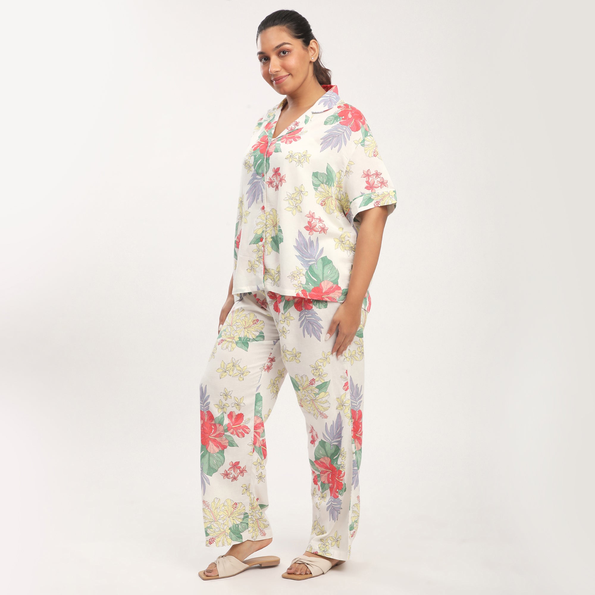 Beige Linen Blend Hibiscus Print PJ Set