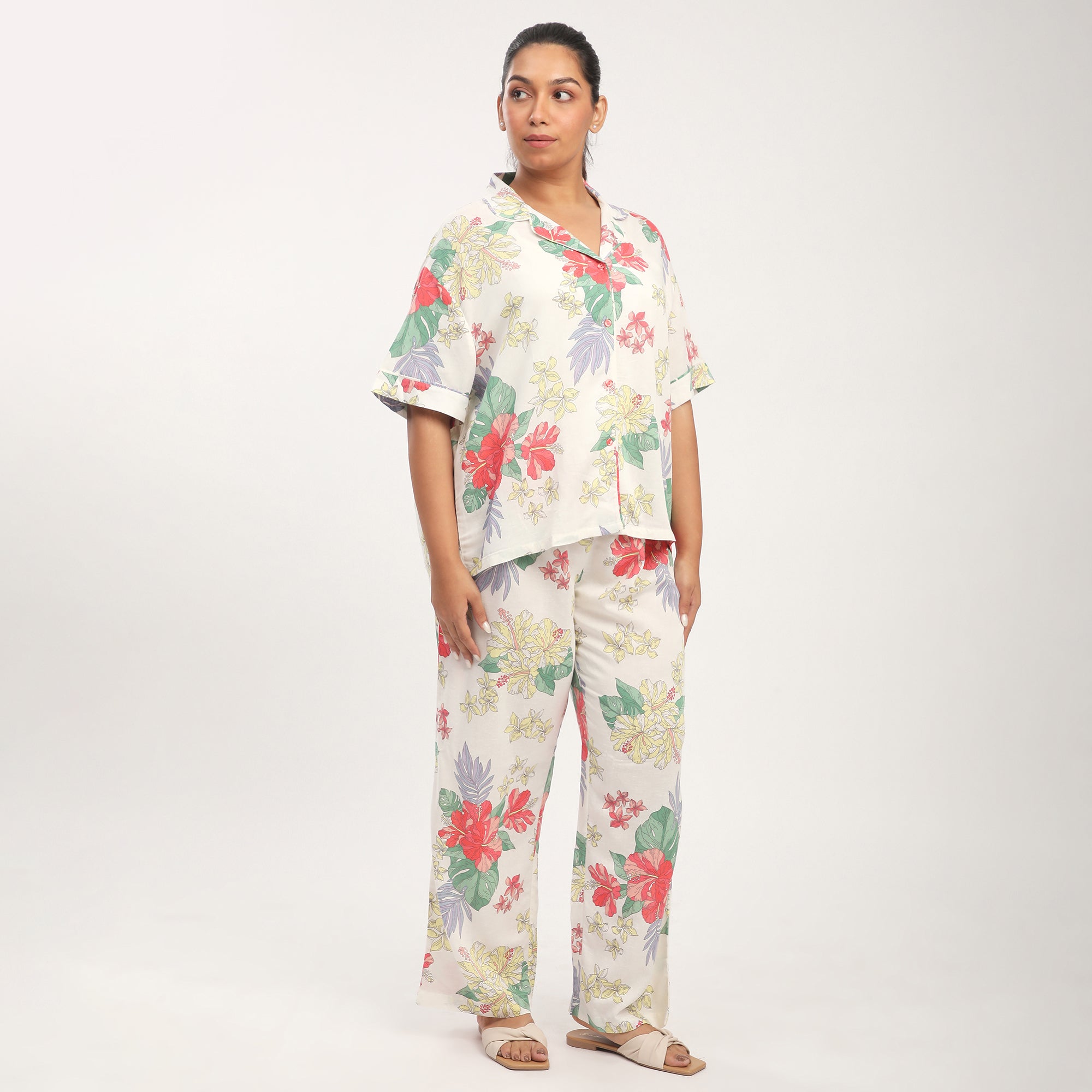 Beige Linen Blend Hibiscus Print PJ Set