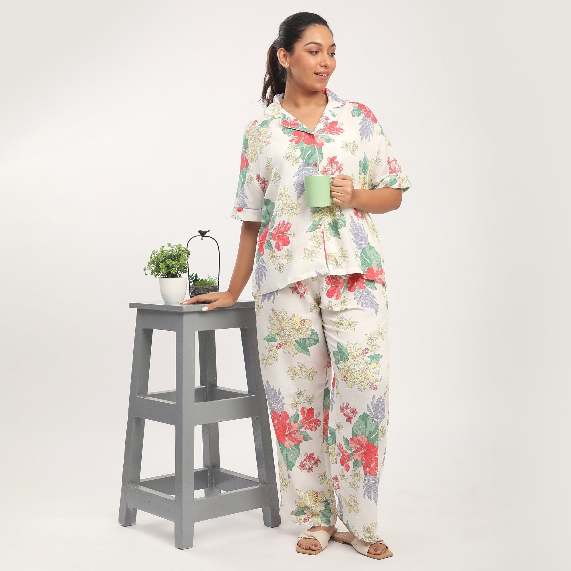 Beige Linen Blend Hibiscus Print PJ Set