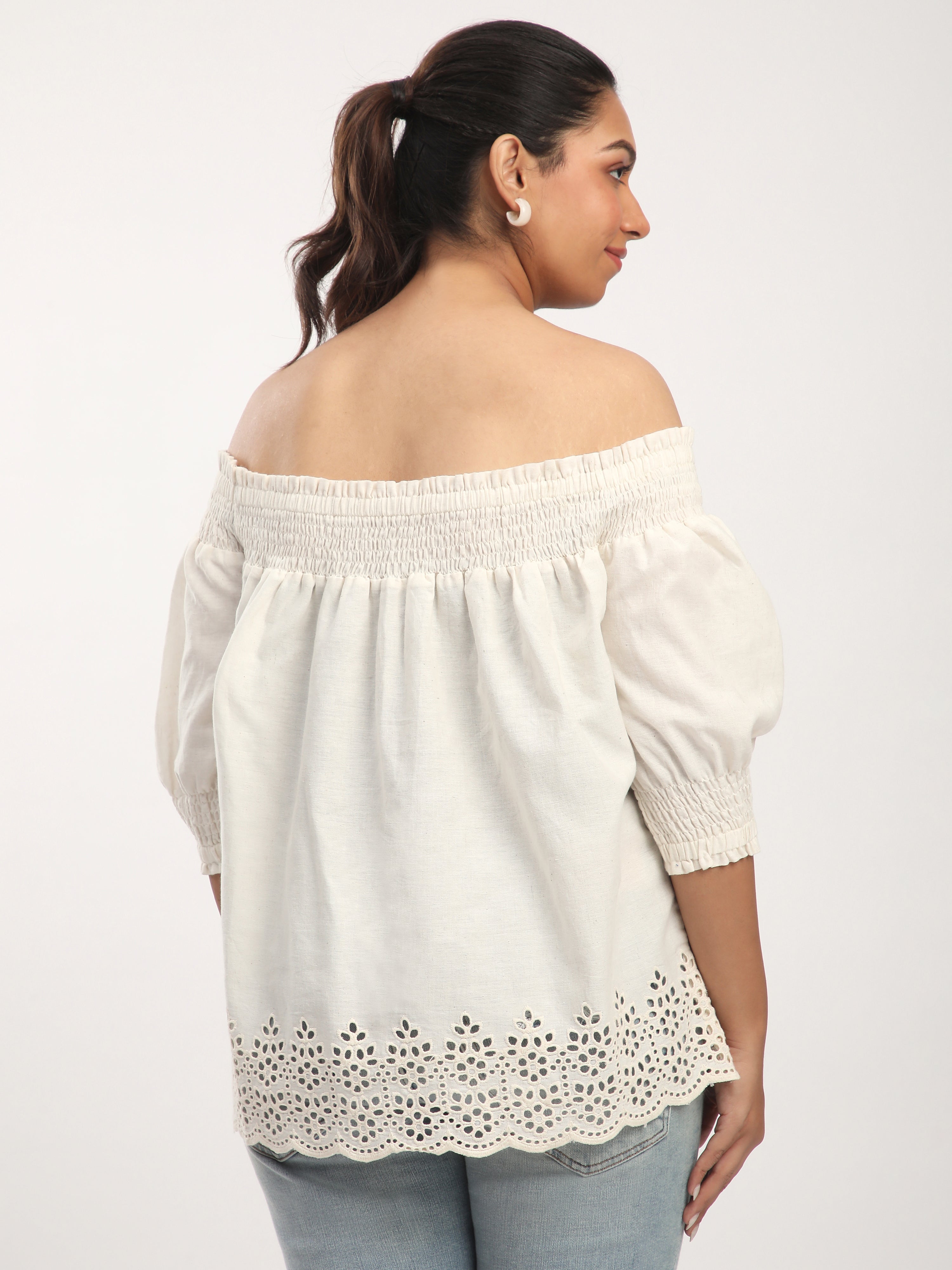 Beige Linen Blend Off-Shoulder Embroidered Top