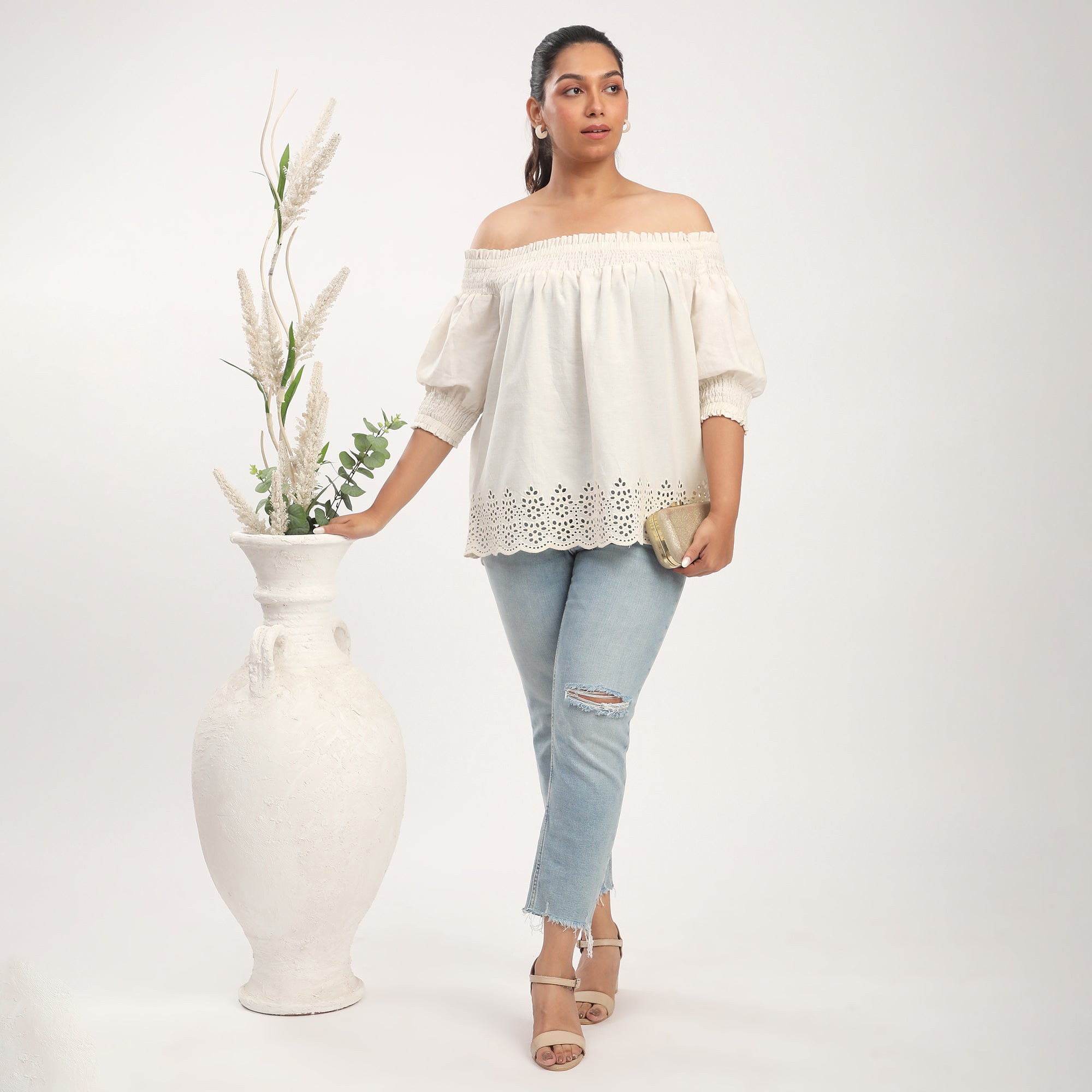 Beige Linen Blend Off-Shoulder Embroidered Top