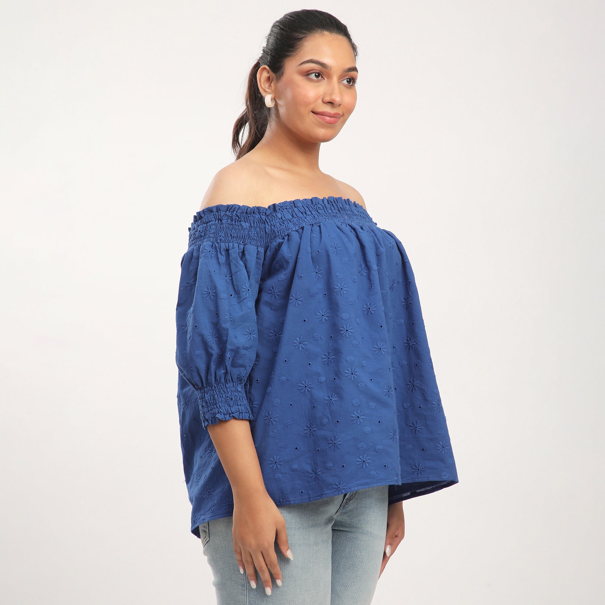 Royal Blue Cotton Embroidered Off Shoulder Top