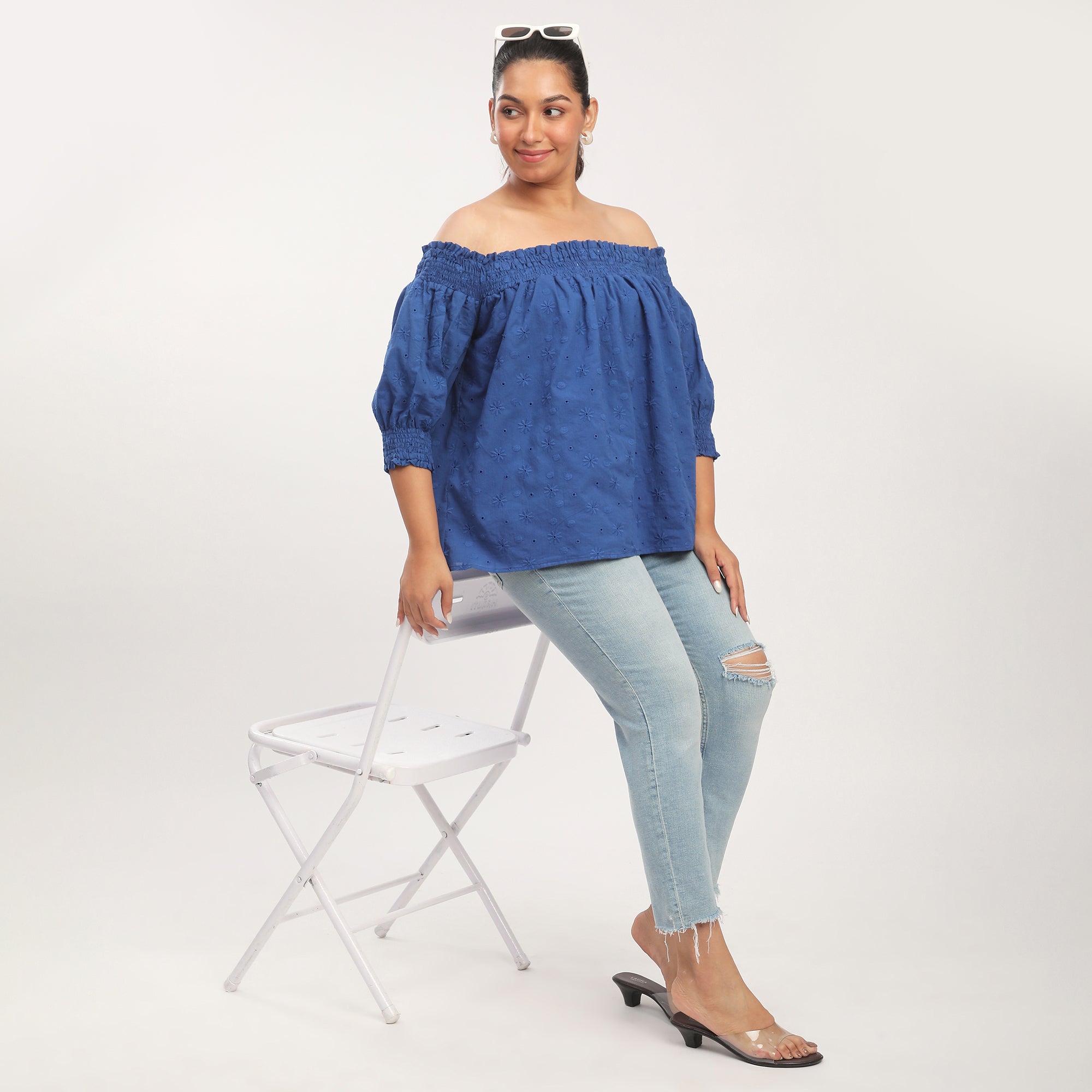 Royal Blue Cotton Embroidered Off Shoulder Top