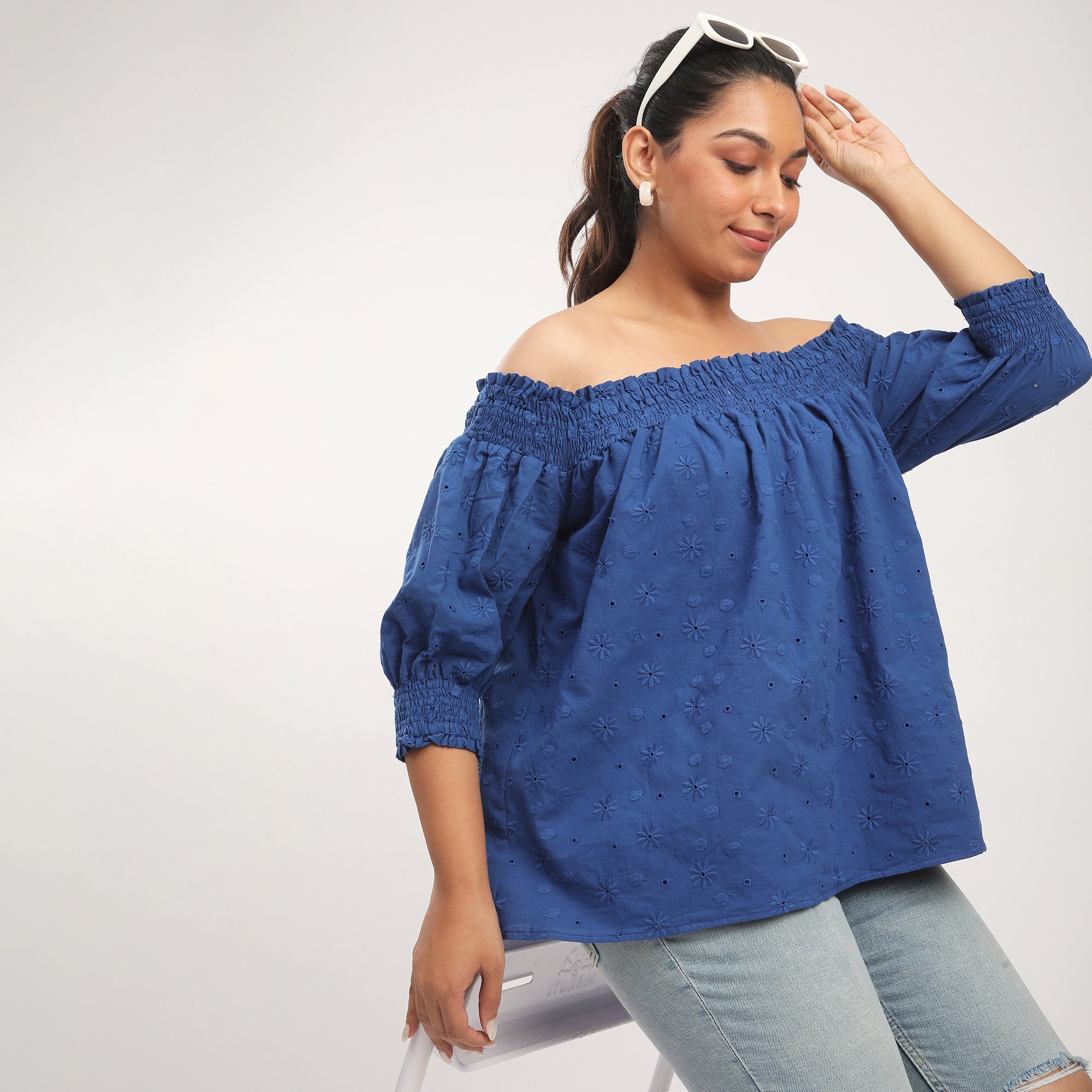 Royal Blue Cotton Embroidered Off Shoulder Top