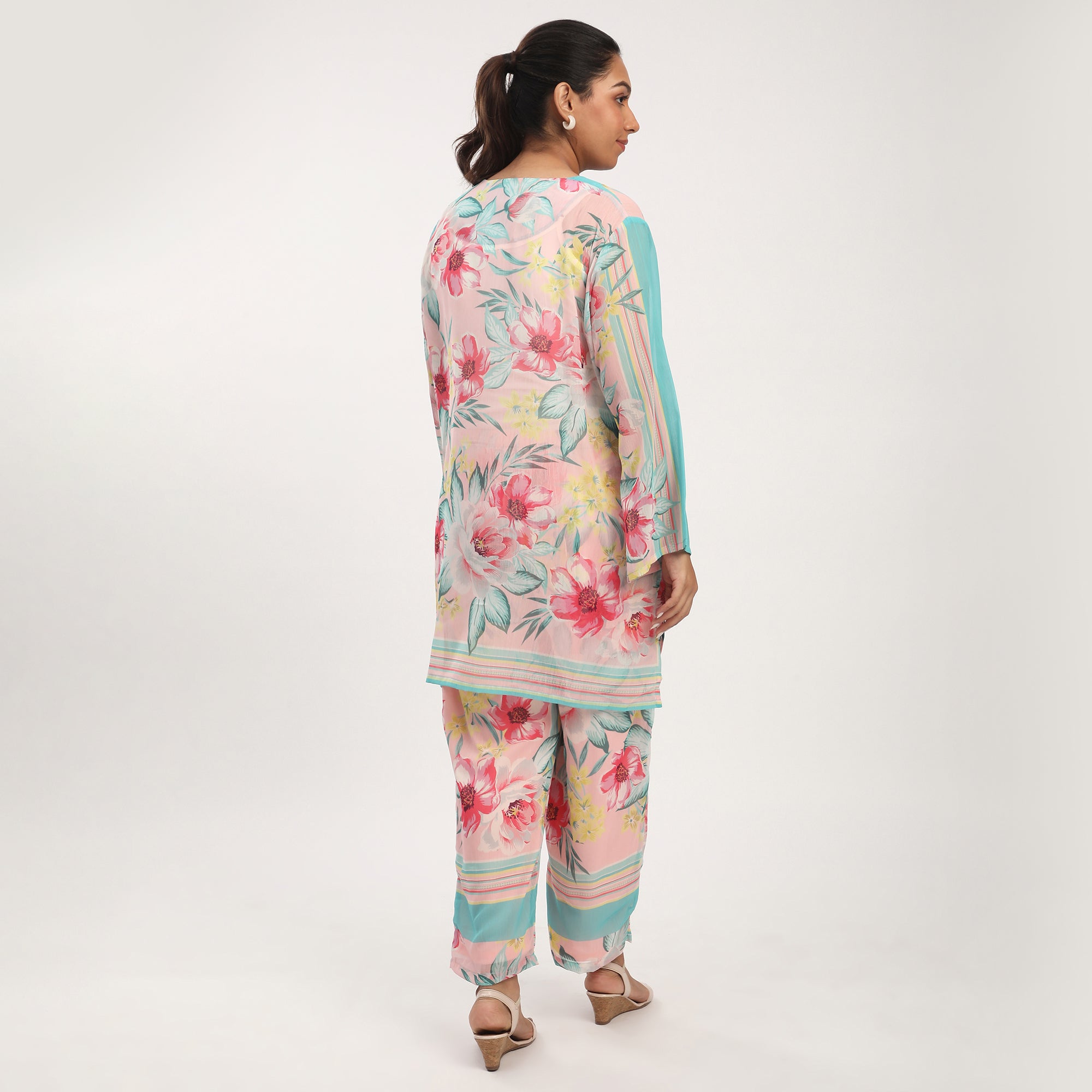 Pink Polyester Window Print Chiffon Co-ord Set