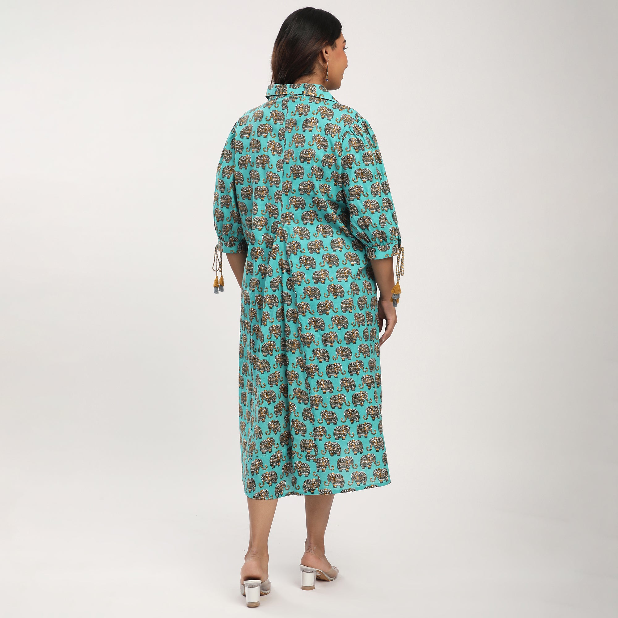 Elephant Print Cotton Tunic Dress with Tassels