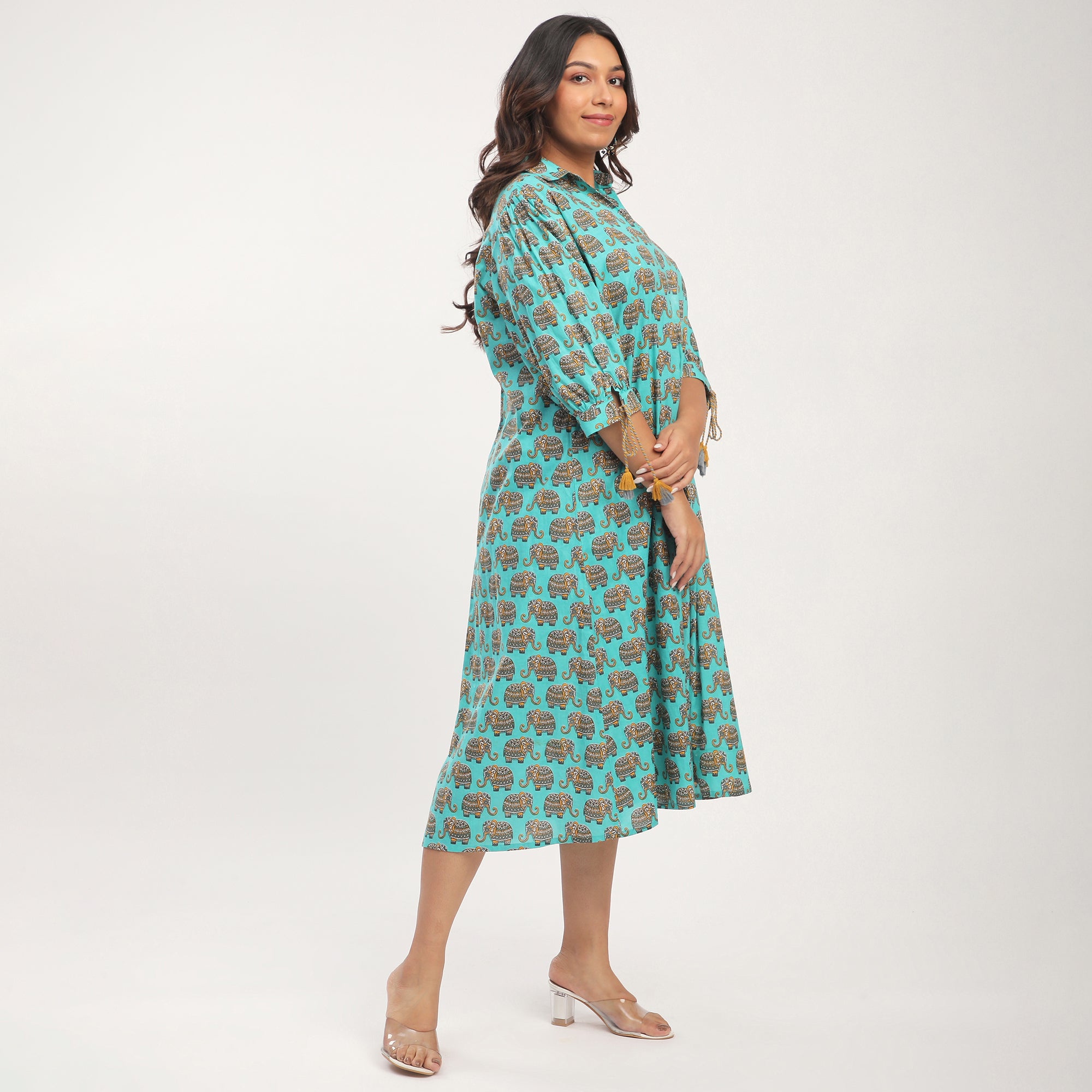 Elephant Print Cotton Tunic Dress with Tassels