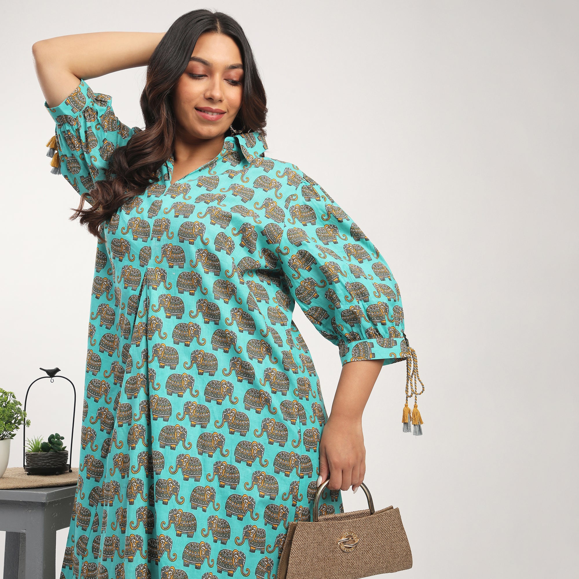 Elephant Print Cotton Tunic Dress with Tassels