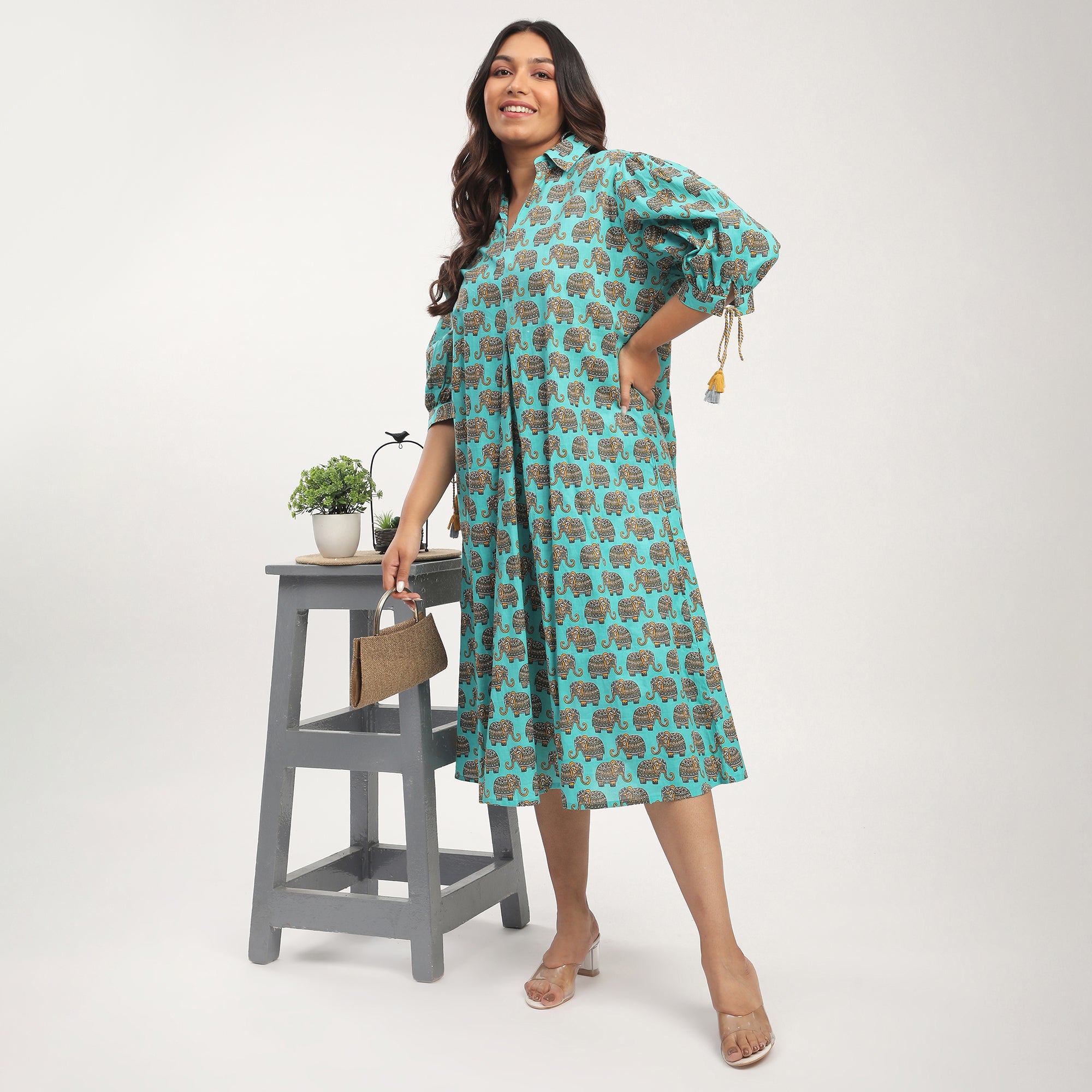 Elephant Print Cotton Tunic Dress with Tassels