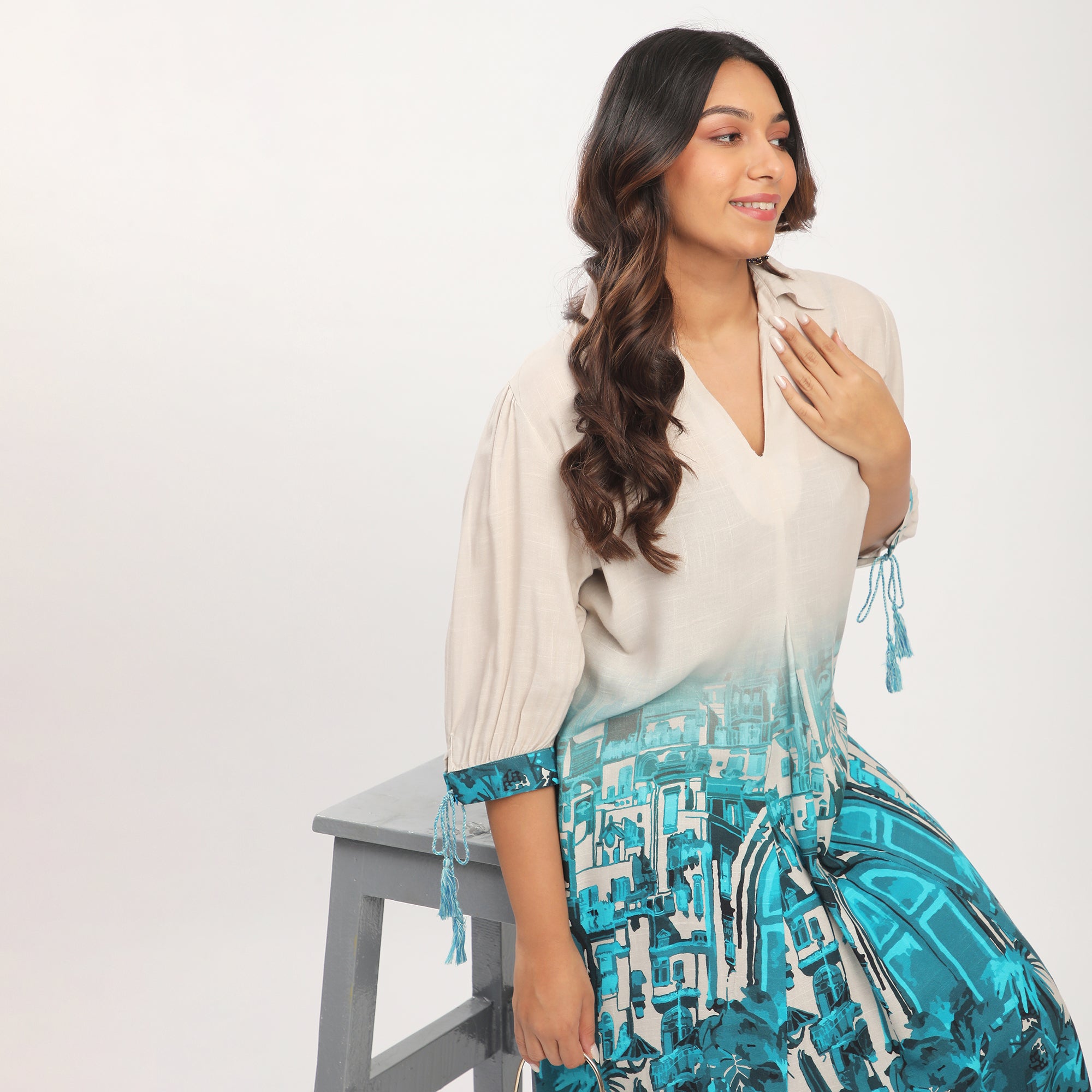 Landscape Border Print Linen Blend Tunic Dress