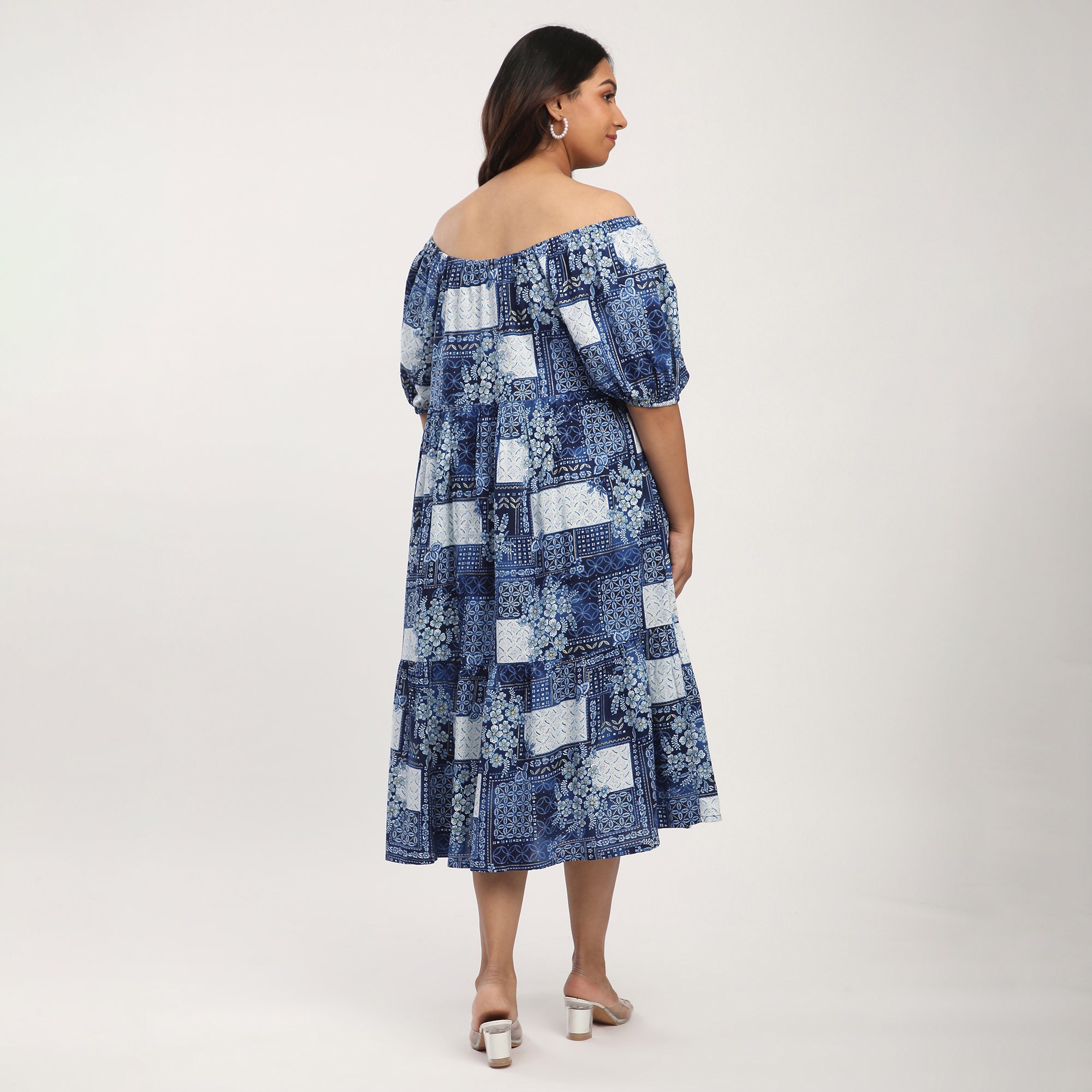Blue Viscose Tile Print Off-Shoulder Tiered Dress