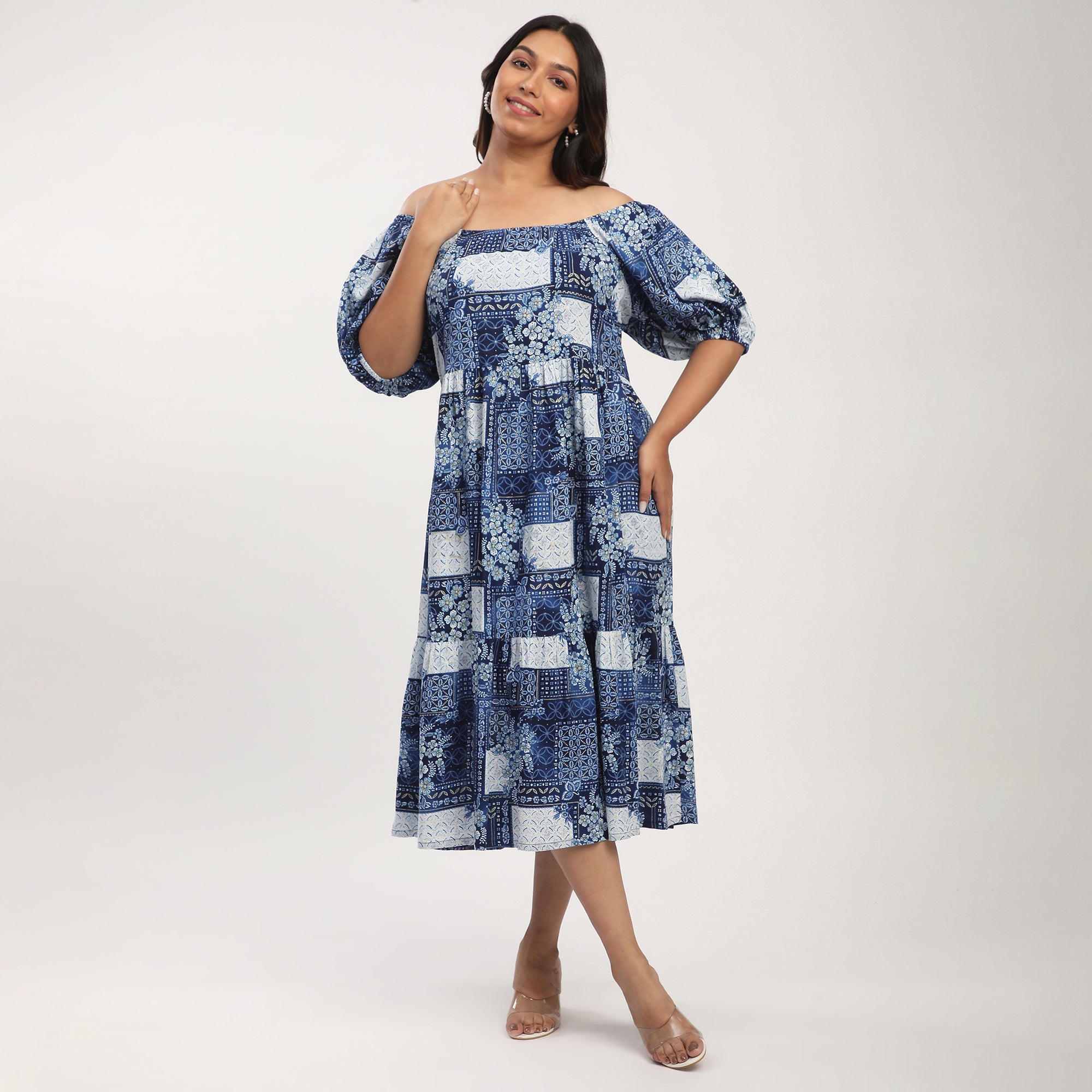 Blue Viscose Tile Print Off-Shoulder Tiered Dress